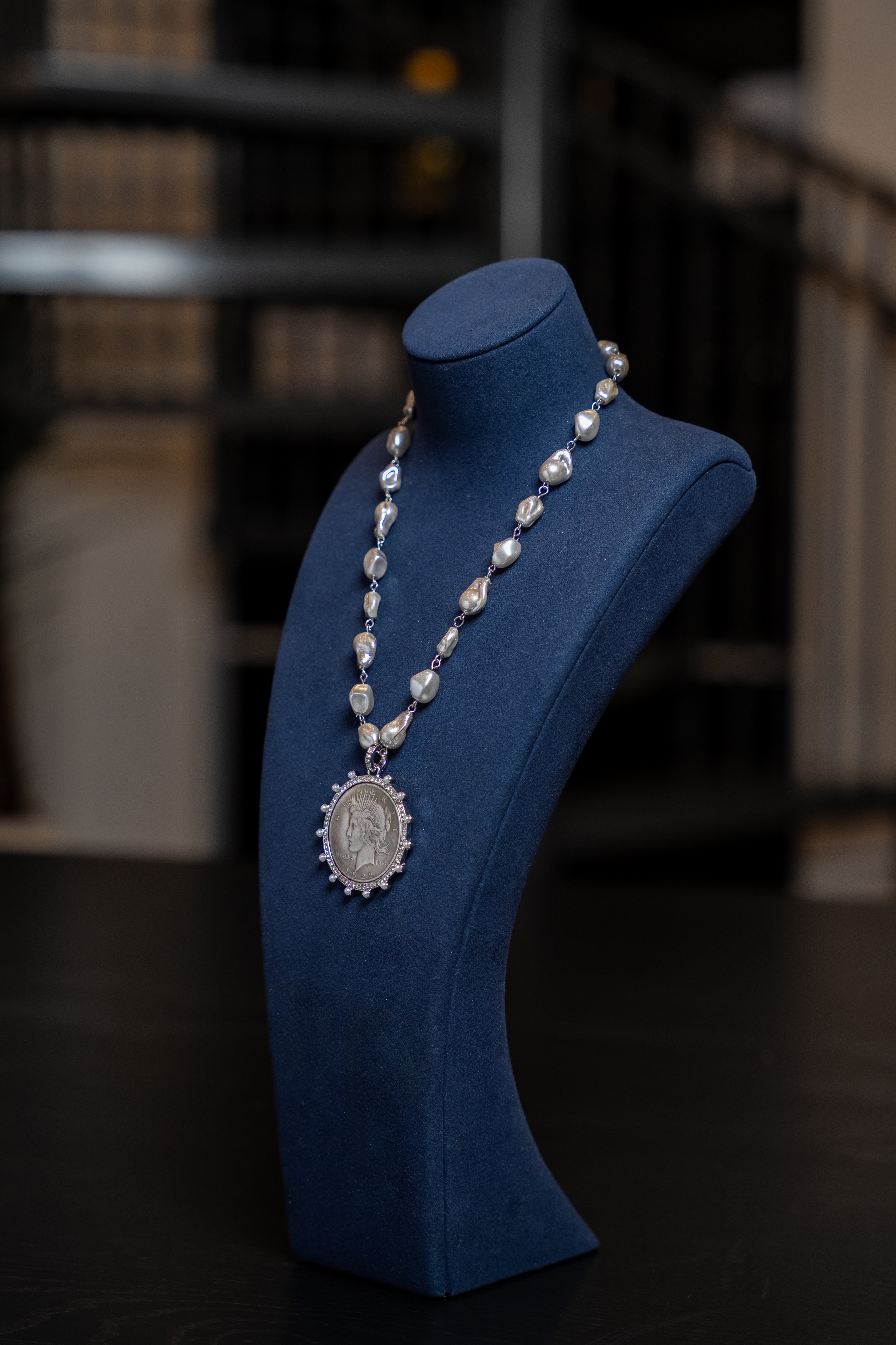 Silver Peace Coin Pearl Necklace