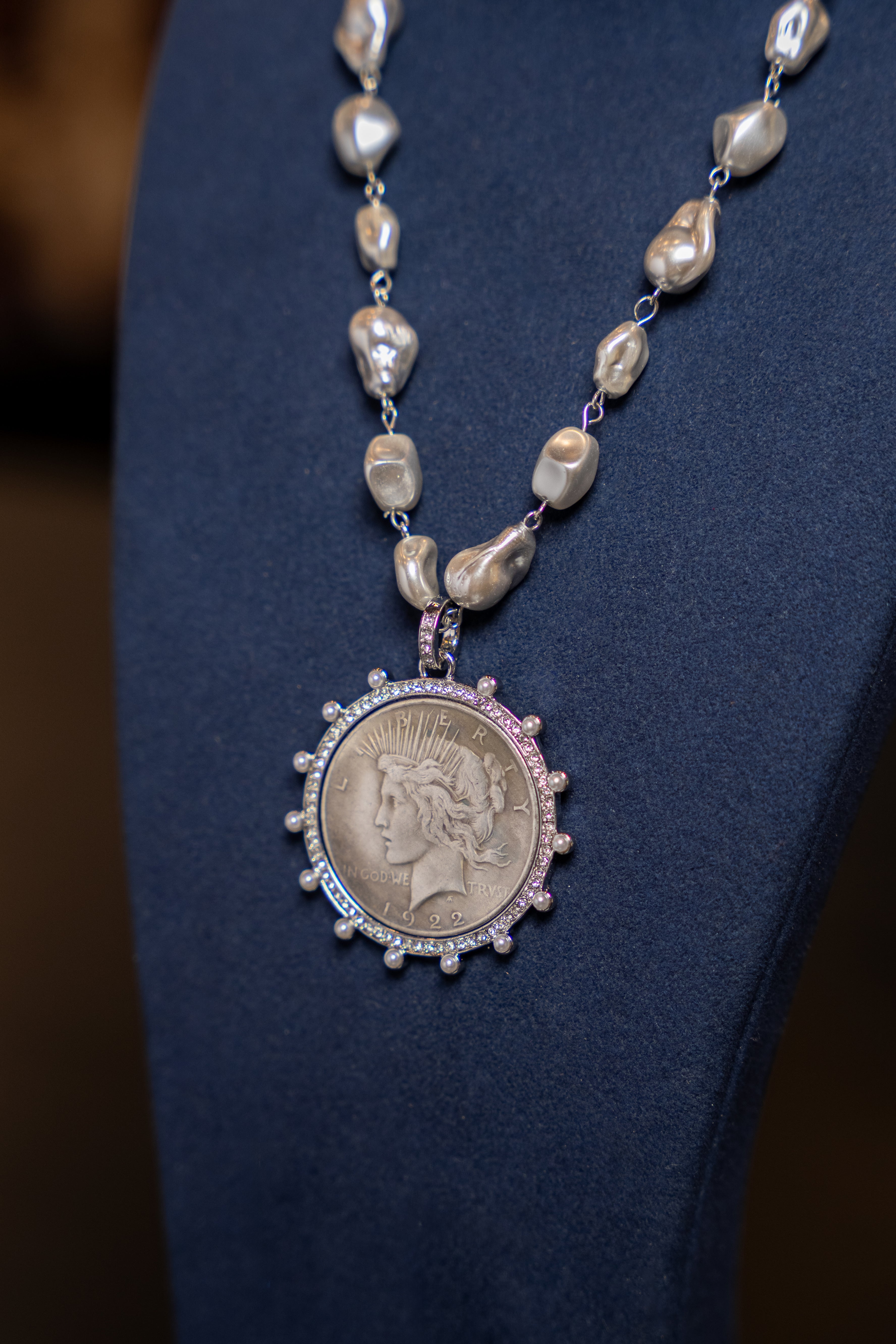 Silver Peace Coin Pearl Necklace