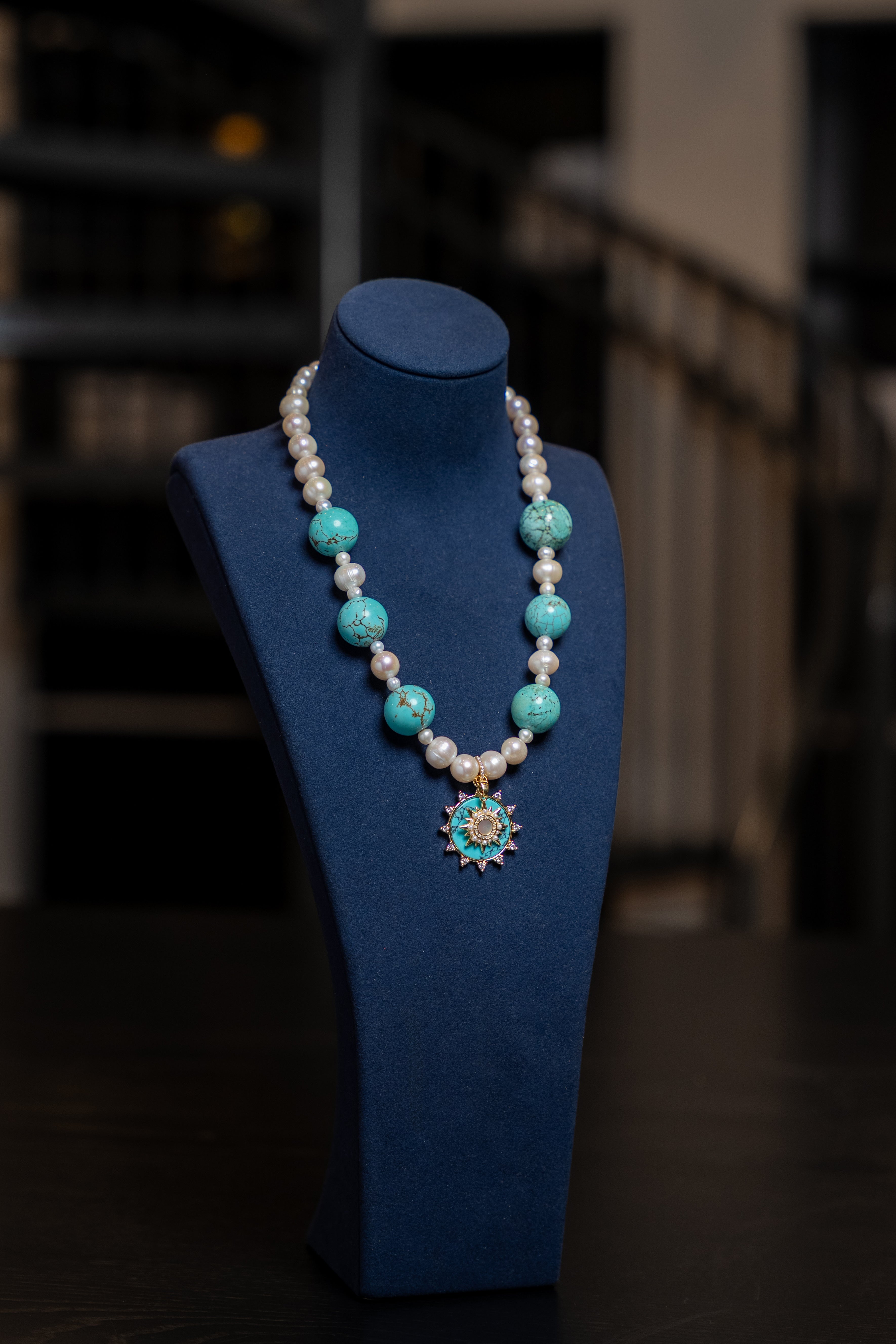 Turquoise Sunburst Pearl Necklace