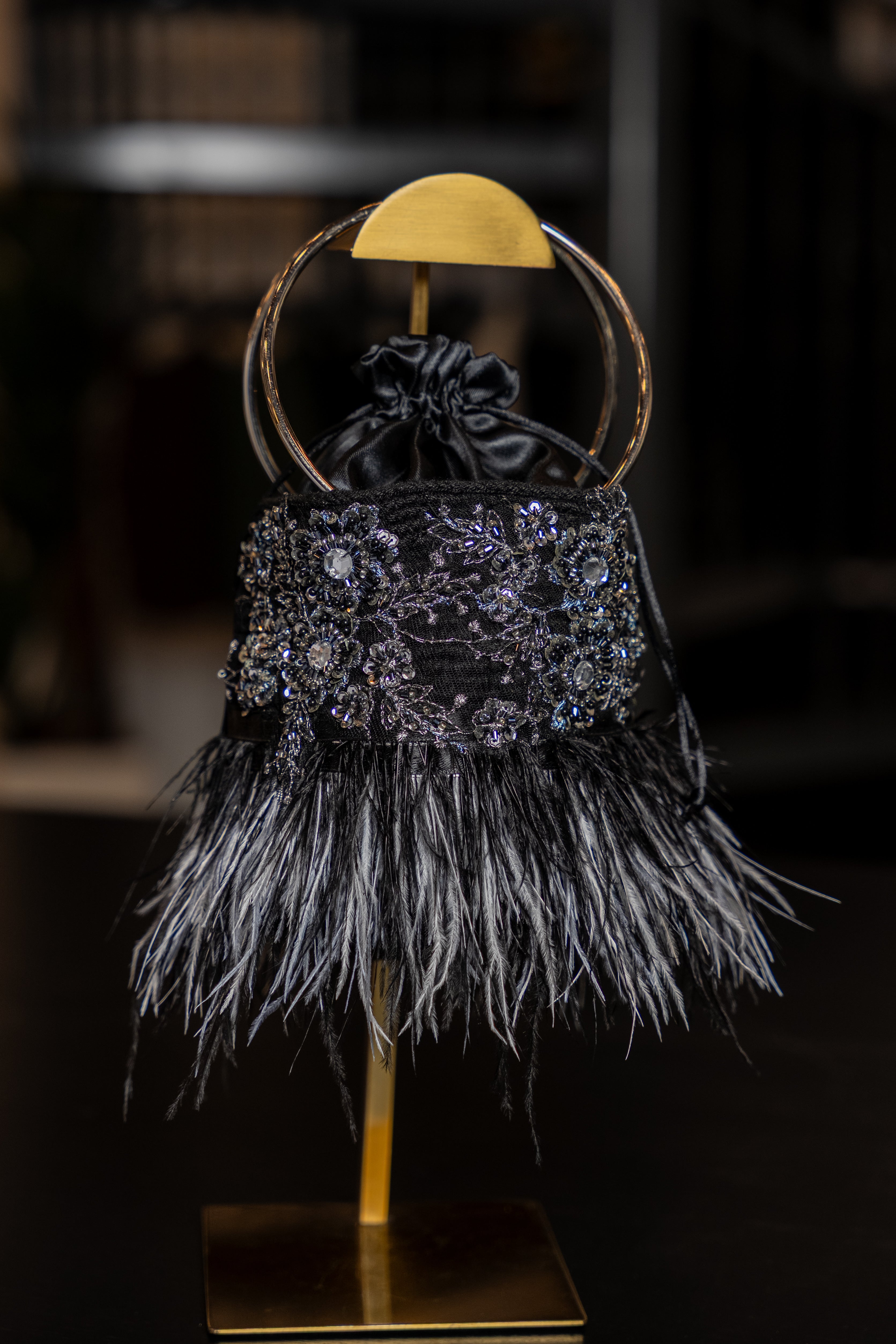 Black Beaded Feather Mini Bag