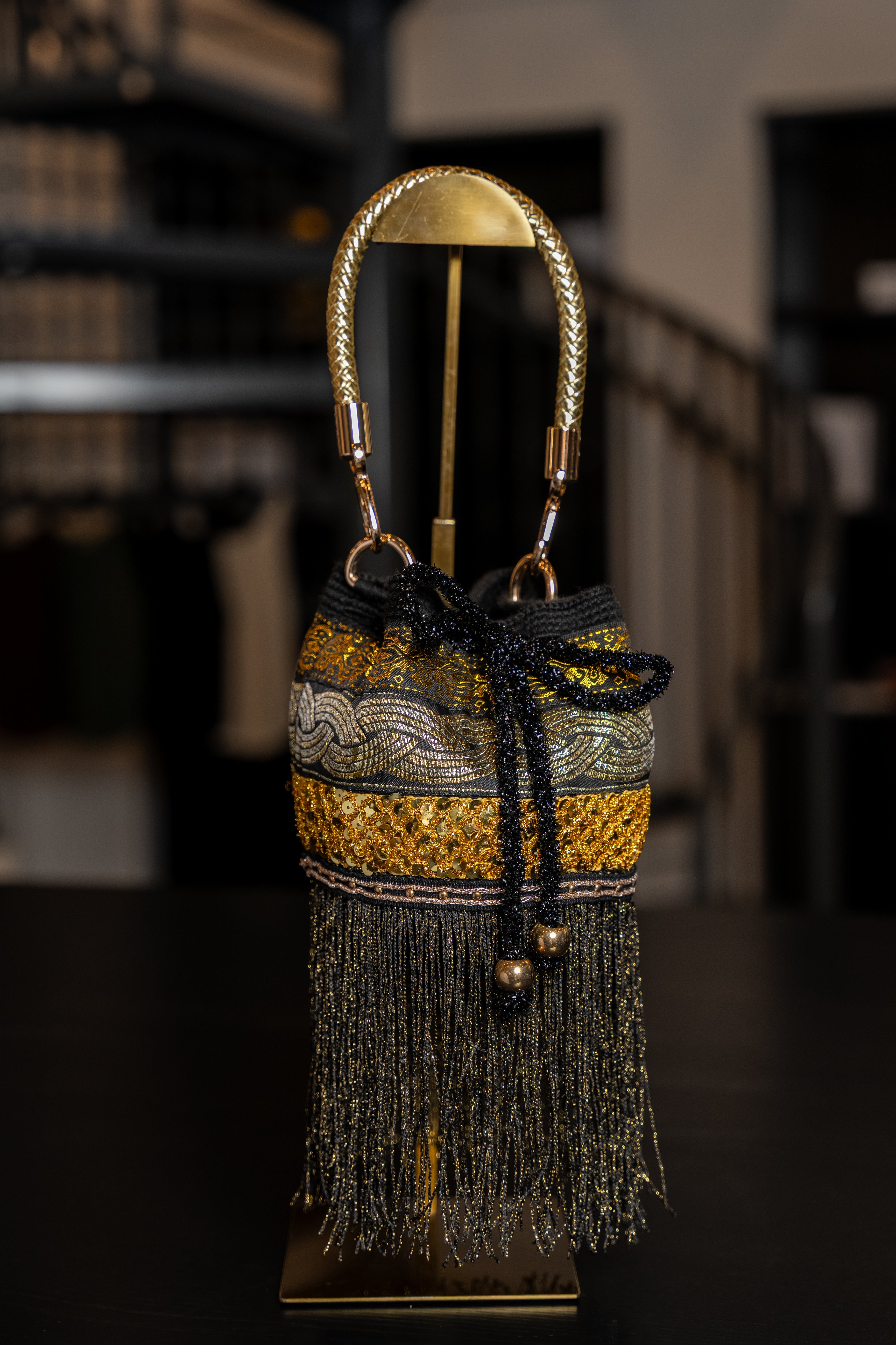 Black & Gold Fringe Beaded Mini Bag