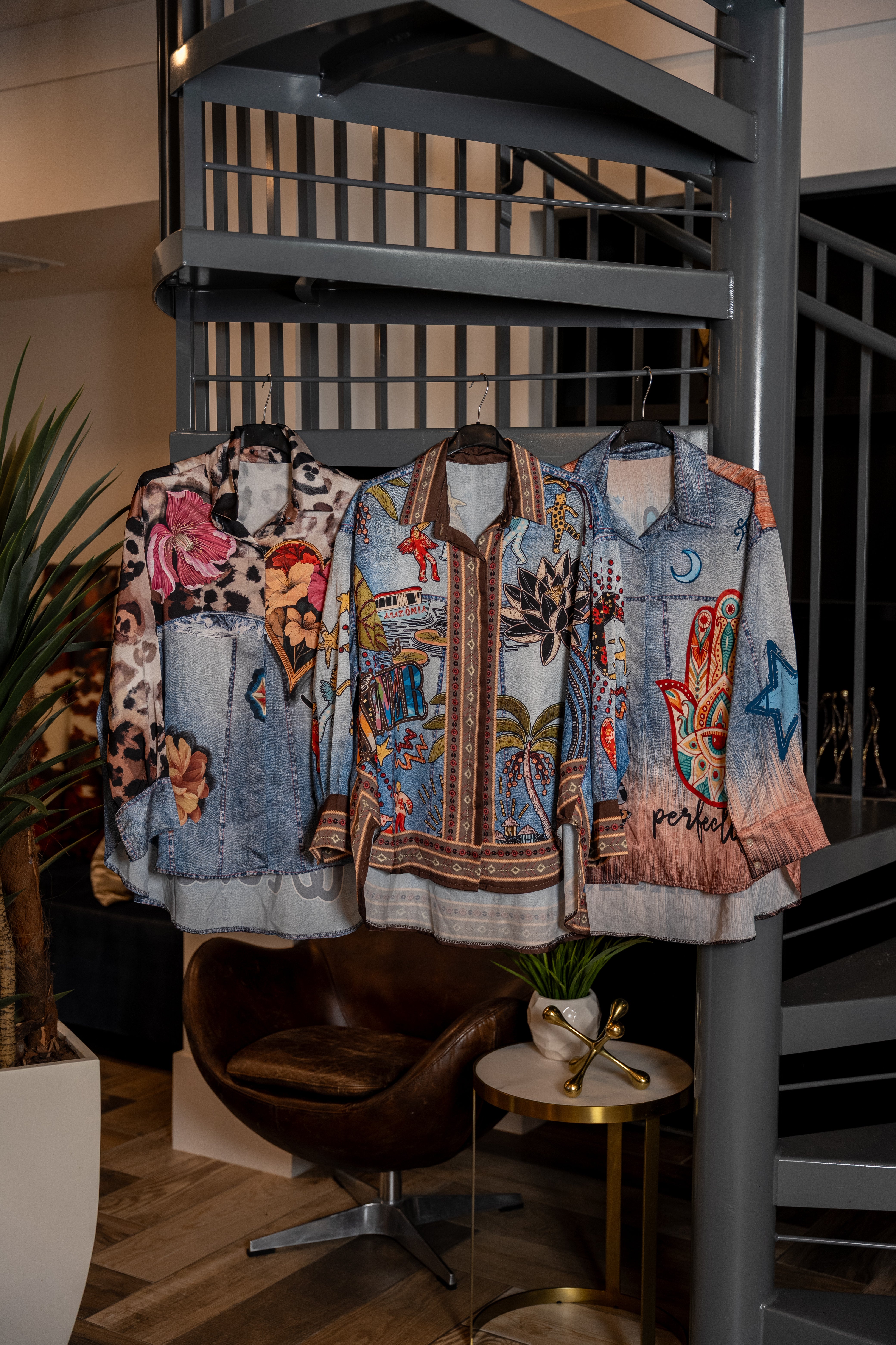 Mixed Print Button-Down Blouse