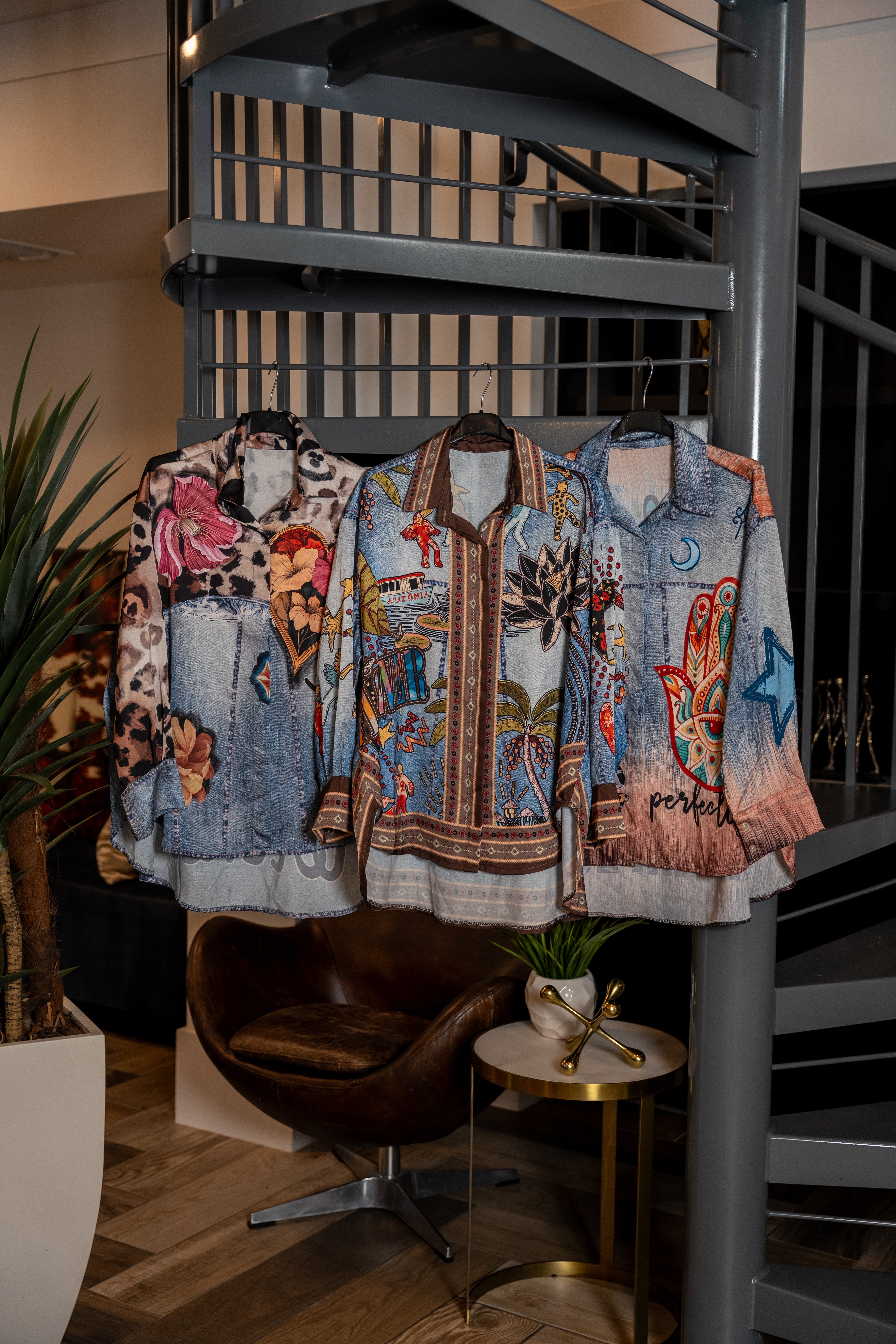 Mixed Print Button-Down Blouse