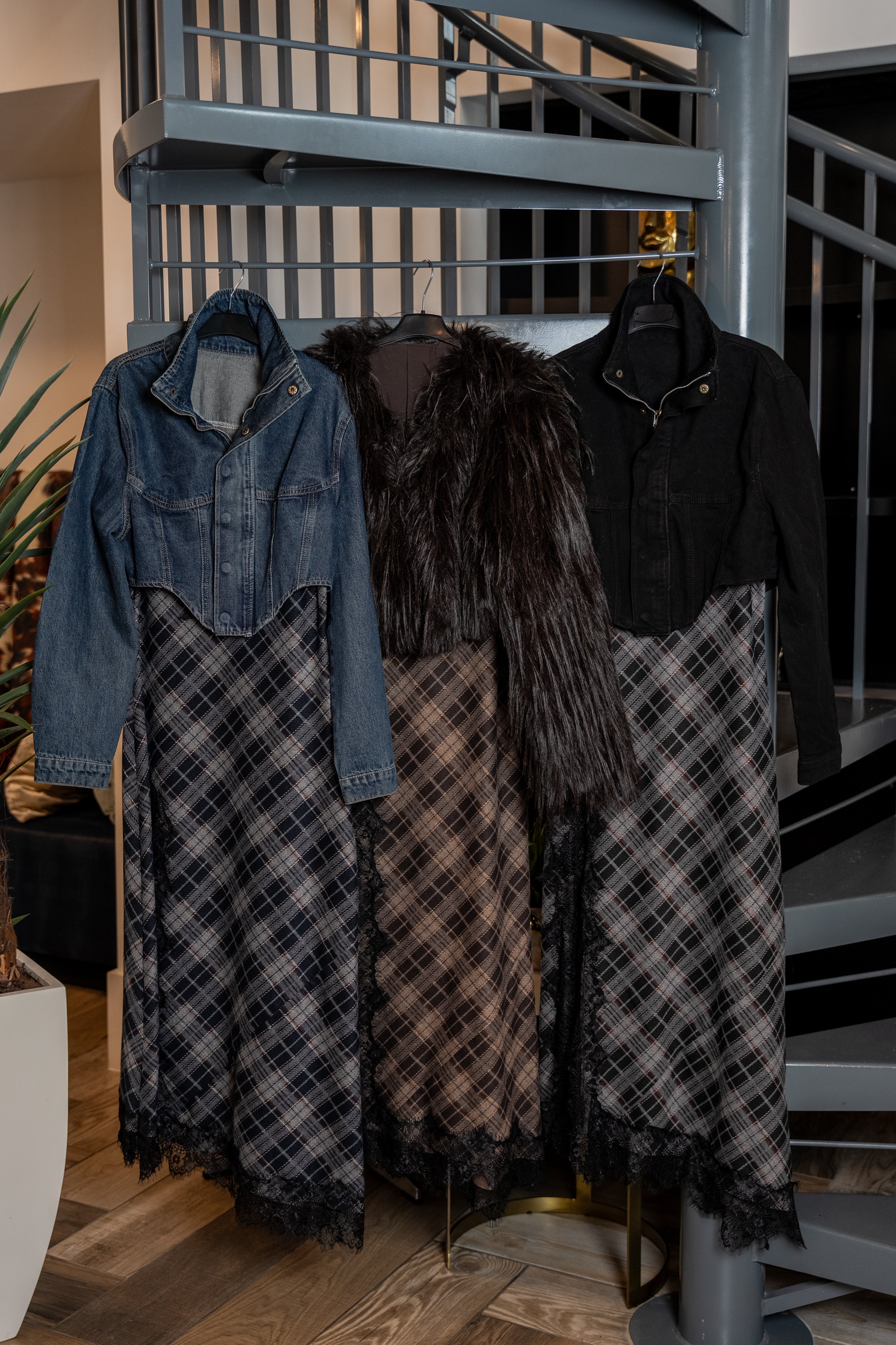 Plaid Lace-Trim Slip Dress