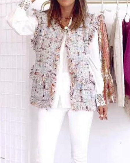 Fringe Detail Tweed Vest