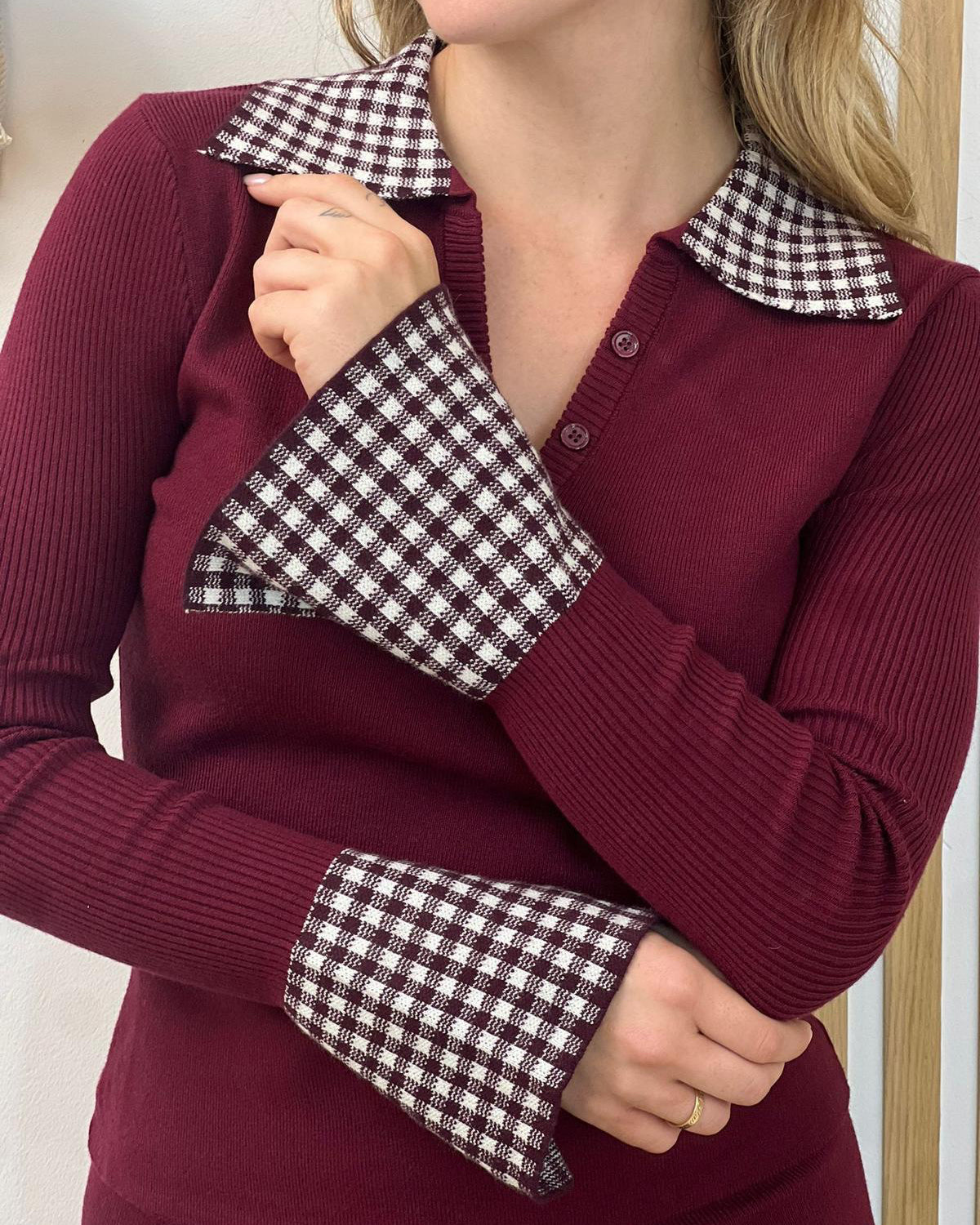 Checkered Collar Knit SET