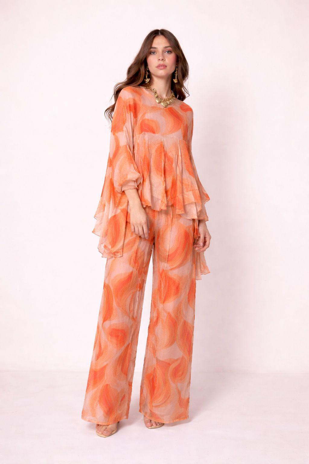 Abstract Sheer Blouse & Flowing Maxi Pant Set