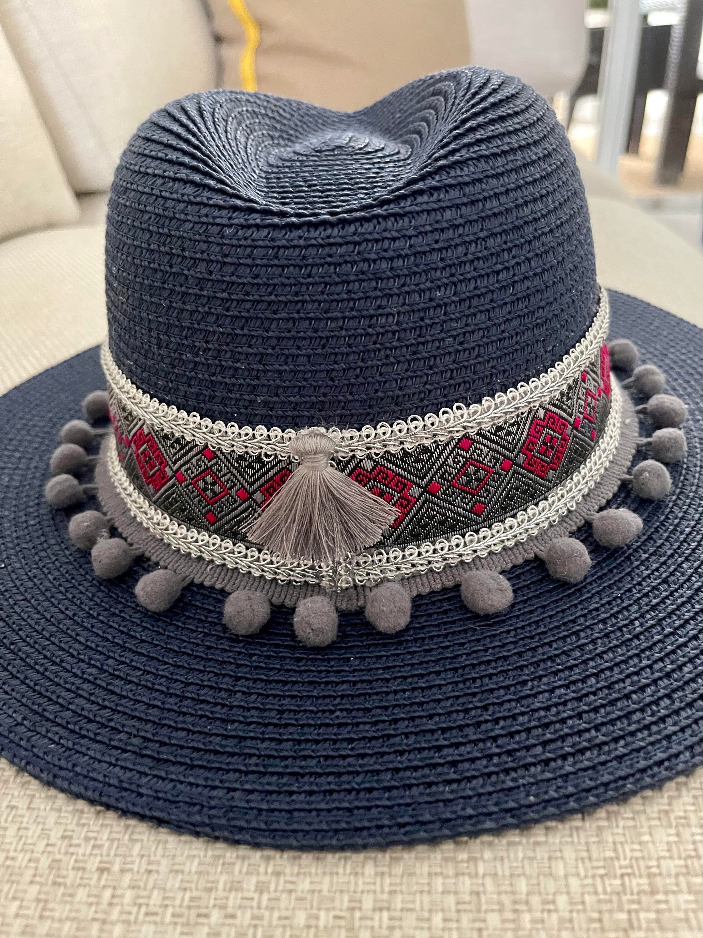 Navy Blue Straw Hat Angel Wing