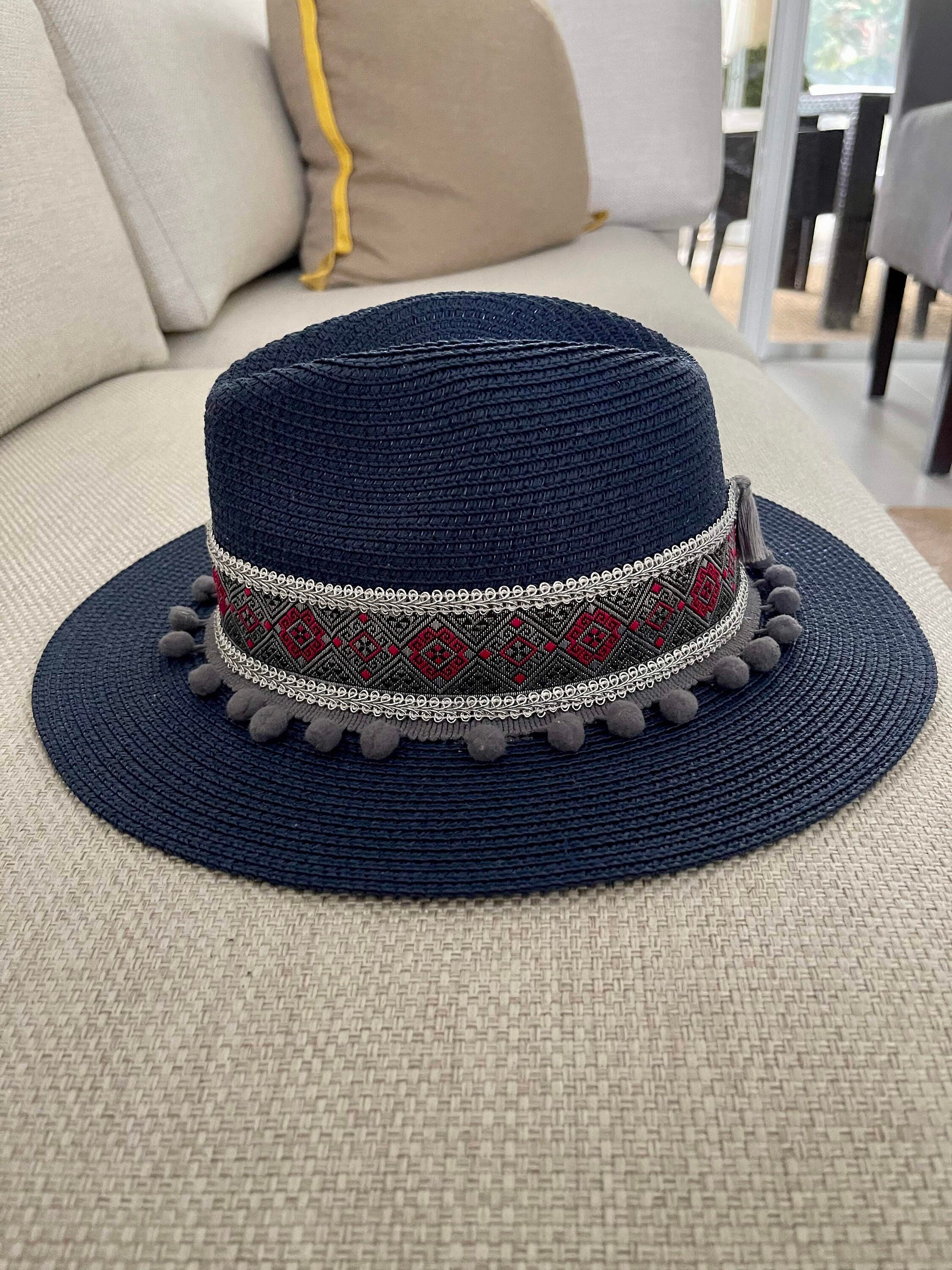 Navy Blue Straw Hat Angel Wing