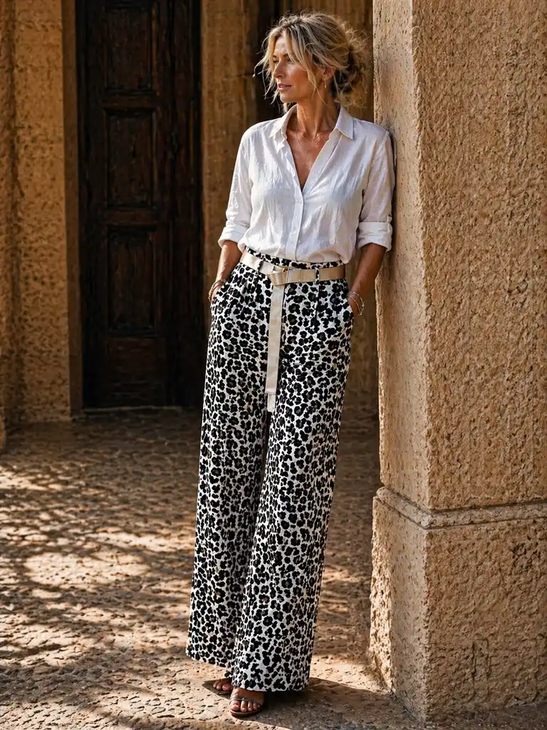 Magic Leopard Print Wide-Leg Pants with Belt