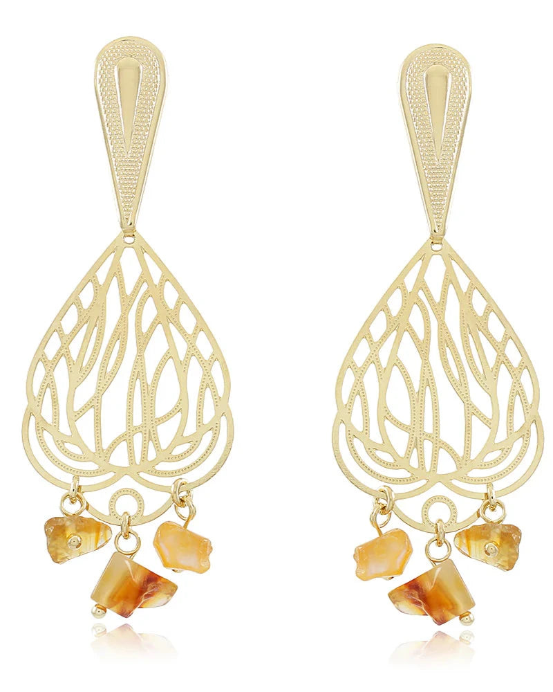 Golden Petal Filigree Earrings with Stones