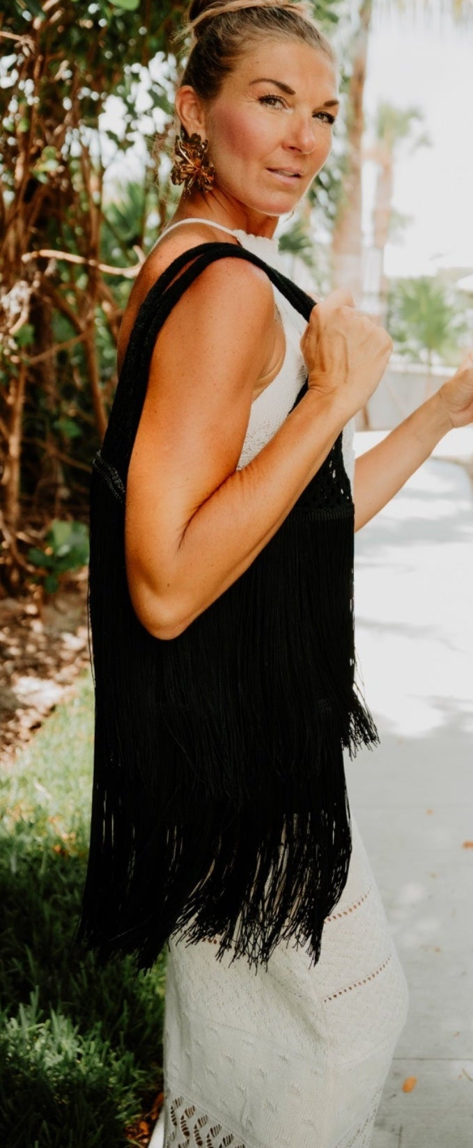 Crochet Fringe Boho Shoulder Bag – Black or Coconut
