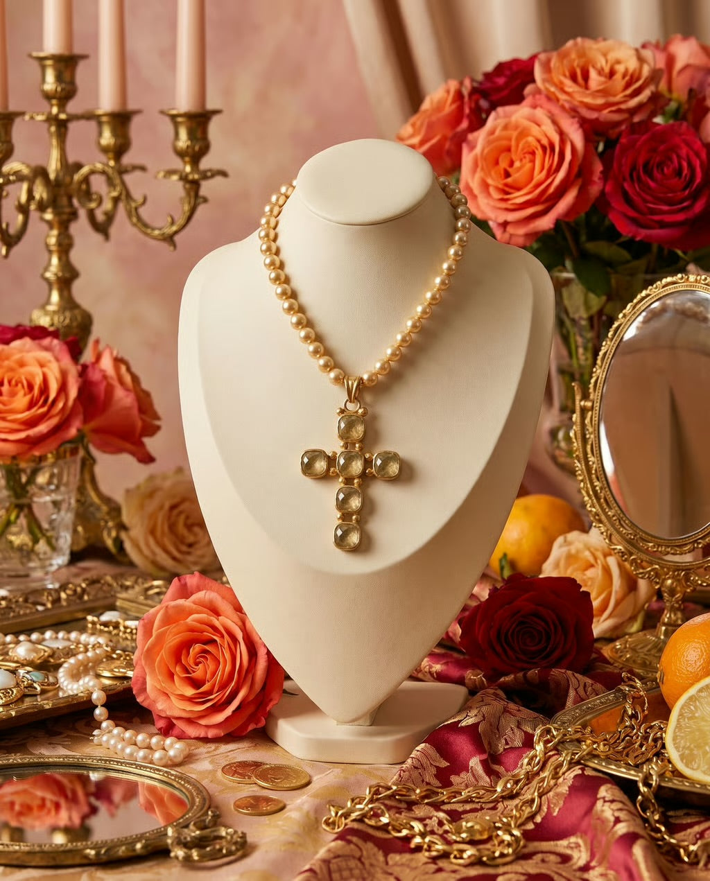Gold Gemstone Cross Necklace