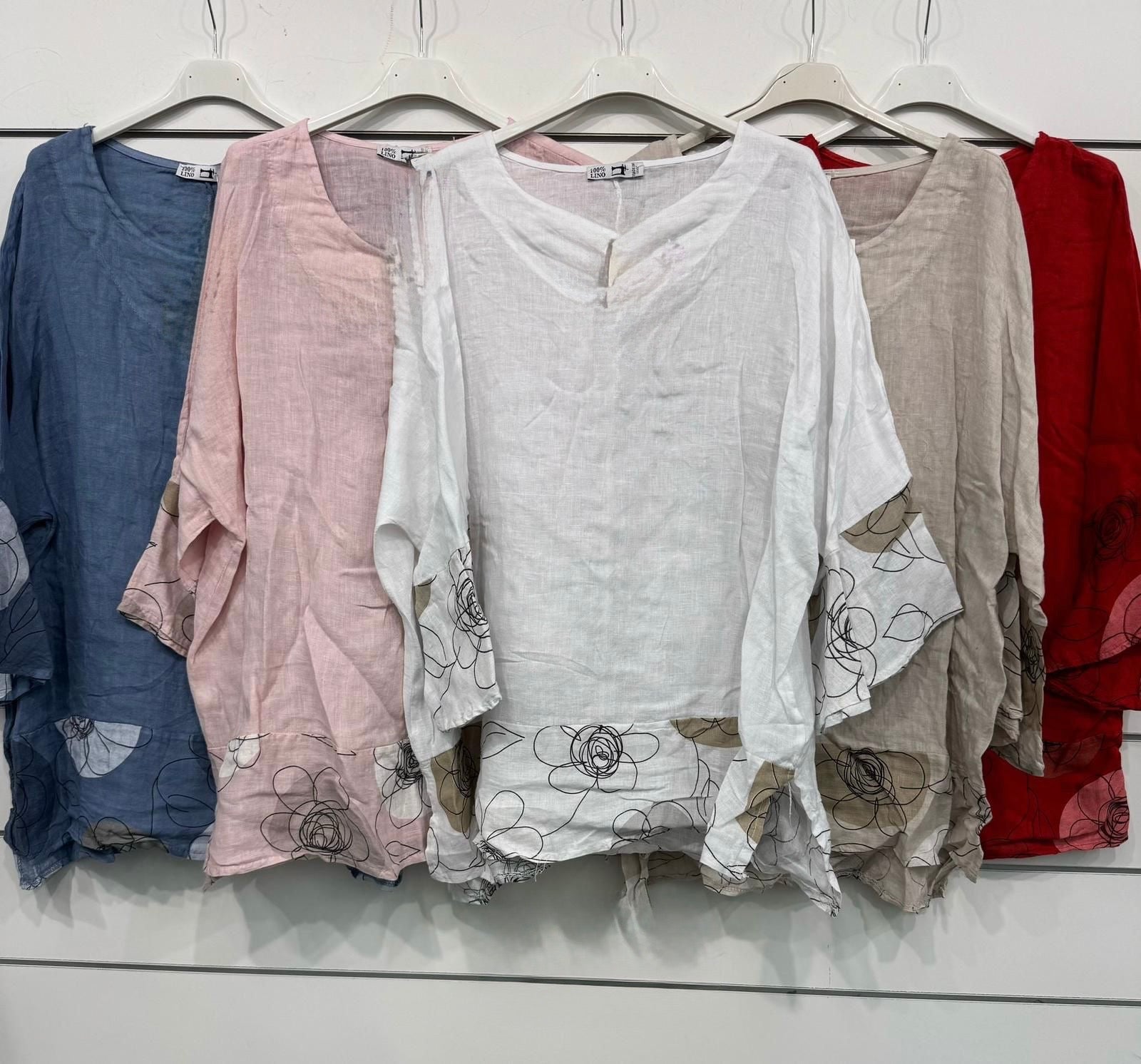 Linen Tops with Print on Bottokmk and Sleeves