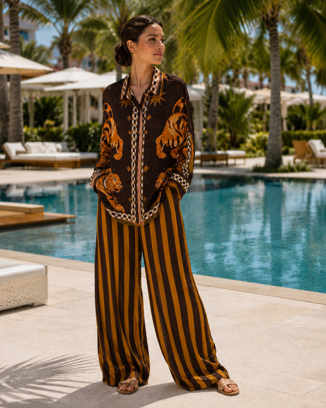 A woman stands by a resort pool wearing a matching brown and gold tiger-print and striped lounge set, with palm trees and lounge chairs in the background.