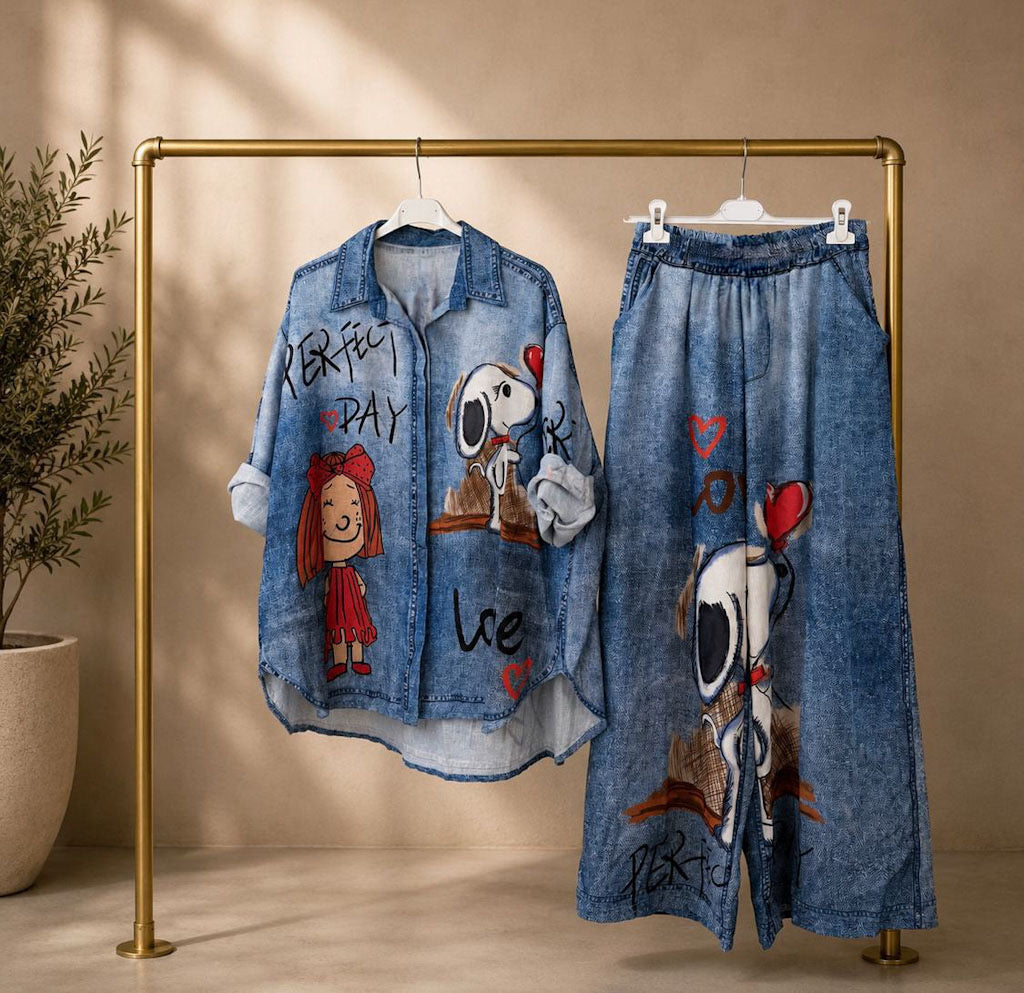 Snoopy “Perfect Day” Denim Shirt & Wide-Leg Pant Set