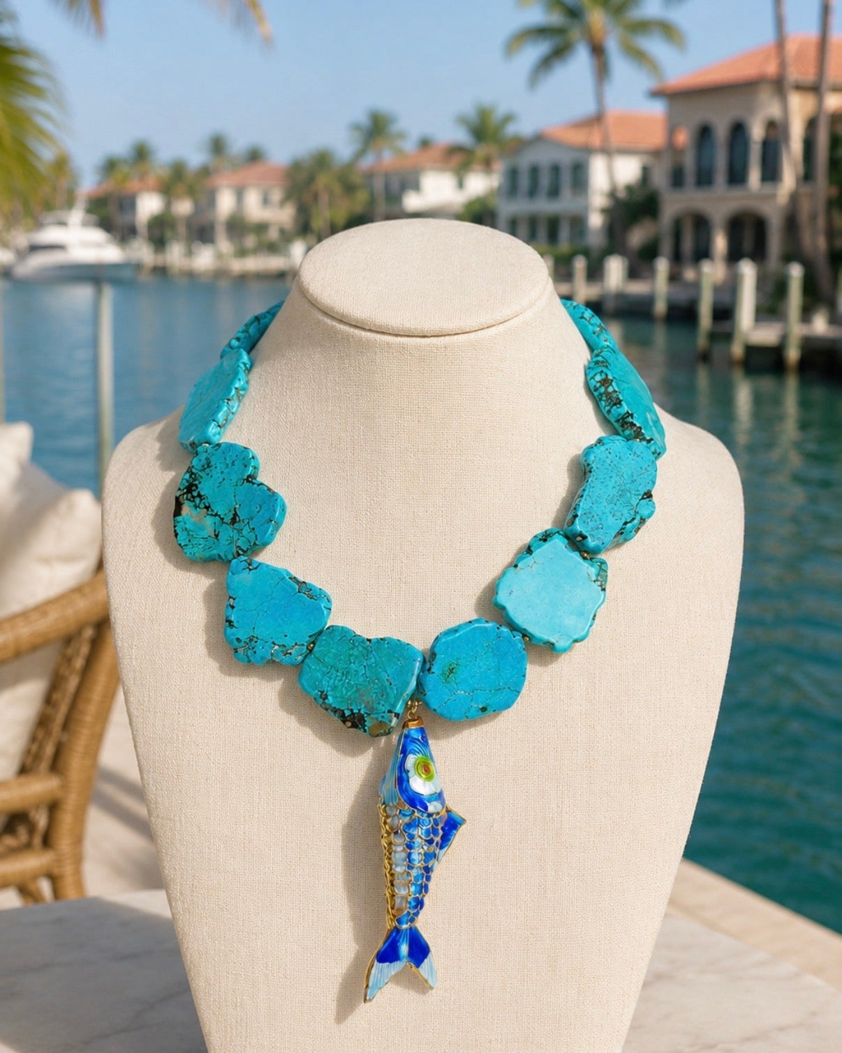 A turquoise and blue beaded necklace with a fish pendant displayed on a cream-colored mannequin bust, set against a sunny waterfront background with palm trees and buildings.