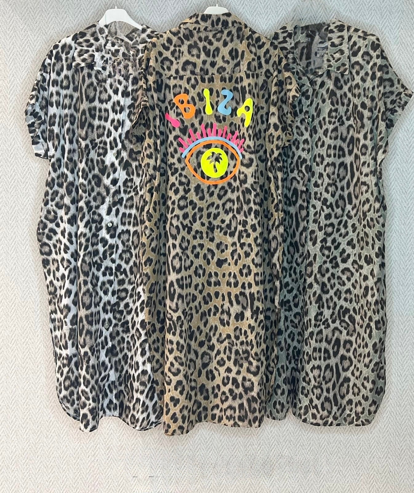 Ibiza Leopard Print Button-Down Shirt Dress