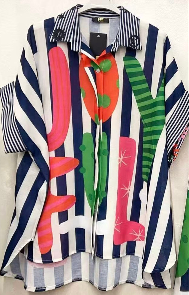 Joyful Stripes Button-Down Shirt – Navy Multicolor
