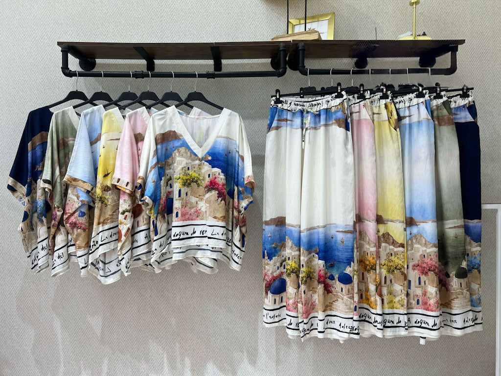 Santorini Print Silk Top & Wide-Leg Pant Set