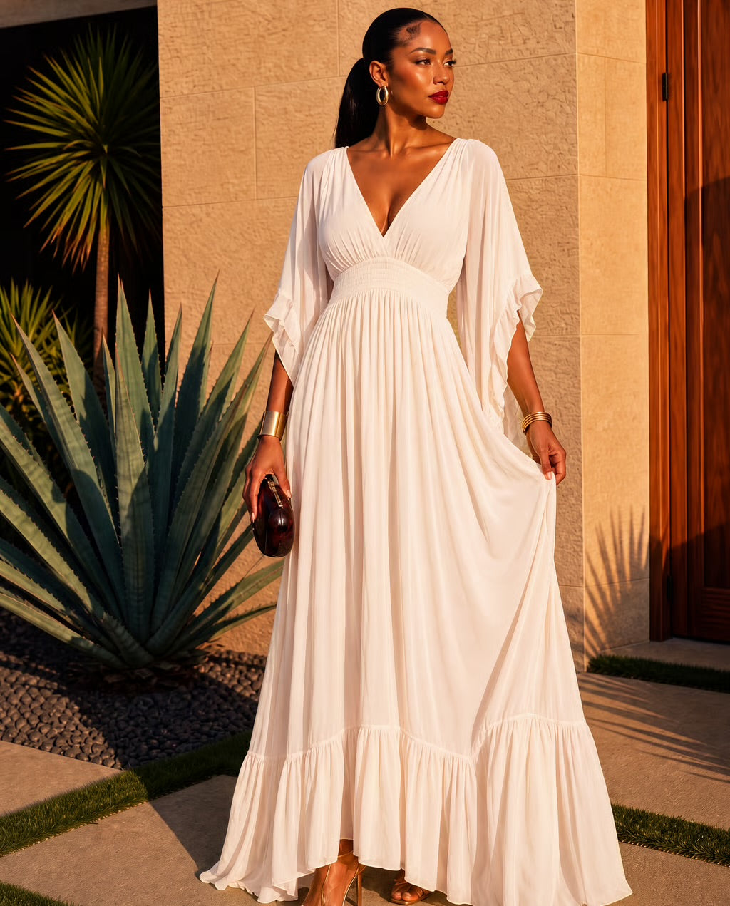 Mediterranean Bloom Solid Maxi Dress