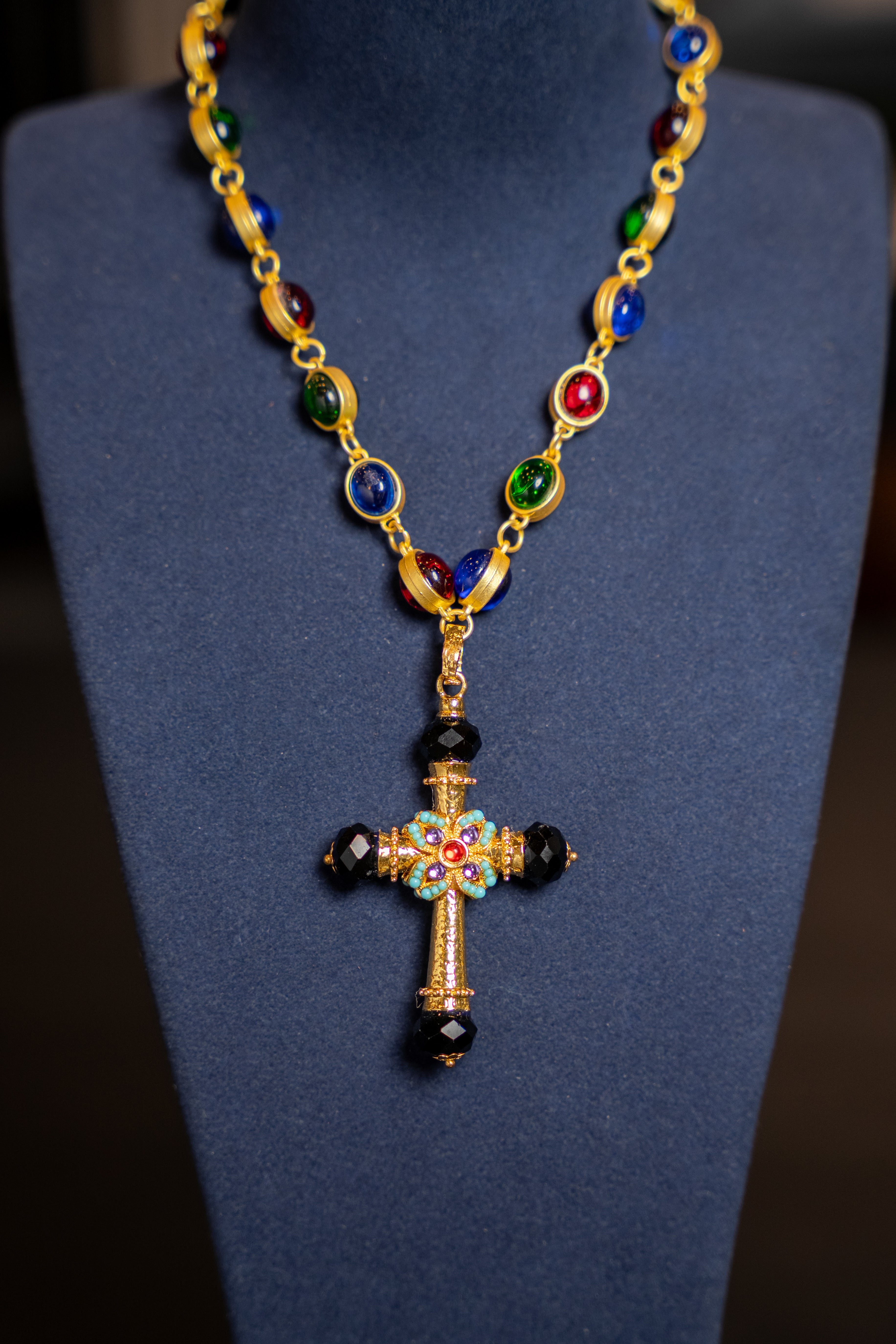 Multicolor Cabochon Cross Statement Necklace