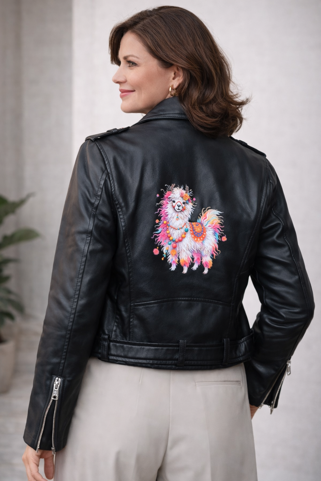 Whimsical Llama Leather Moto Jacket