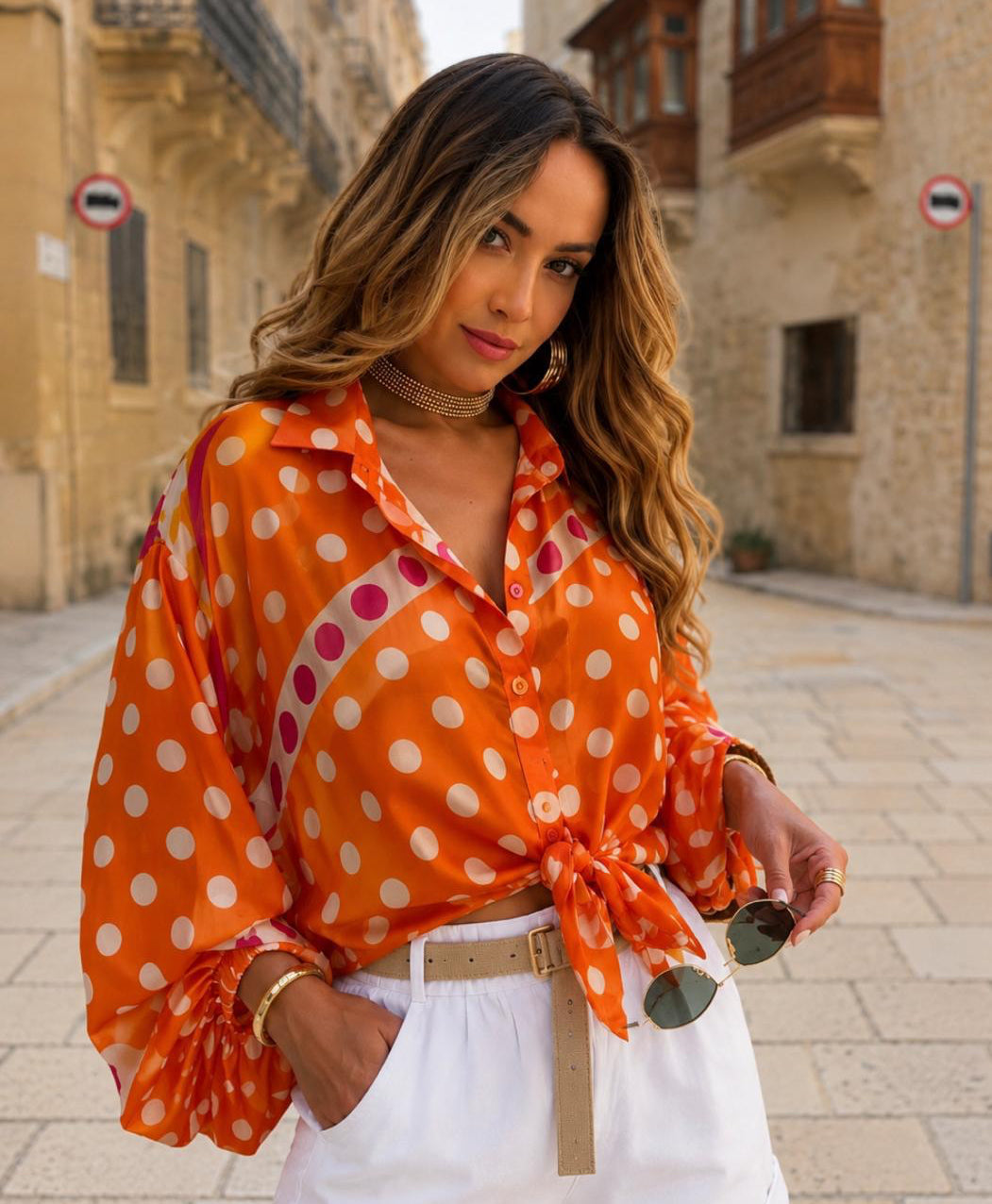 Polka Dot Tie-Front Button-Down Blouse