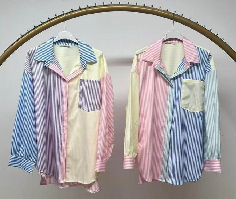 Pastel Patchwork Striped Oversized Shirt