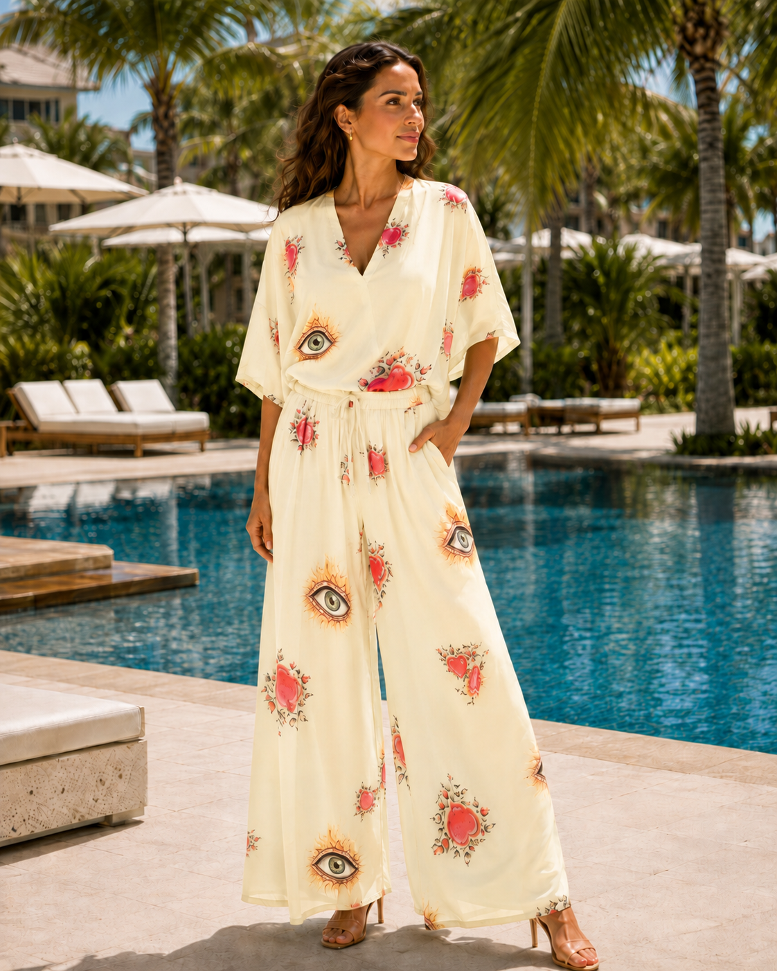 A woman stands by a resort pool wearing a cream-colored wide-leg jumpsuit with red floral and eye motifs. The background features a swimming pool, palm trees, and lounge chairs.