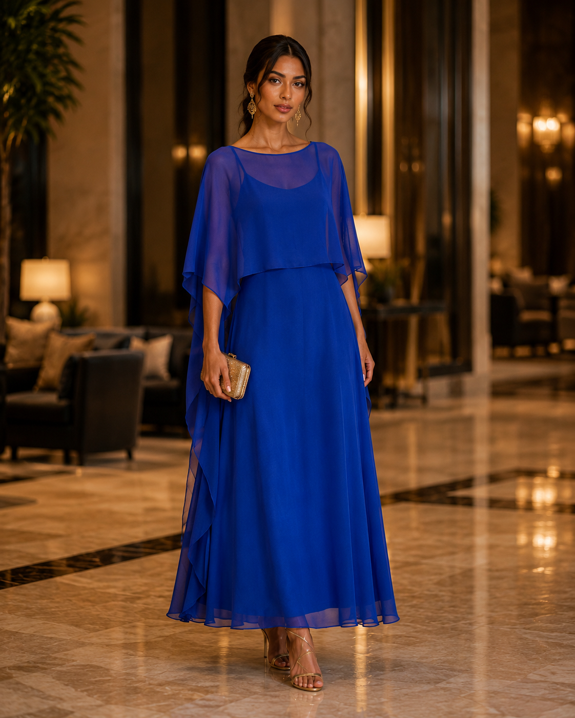 A woman wearing a royal blue floor-length gown with sheer flutter sleeves and a round neckline, standing in a luxurious hotel lobby with warm lighting.