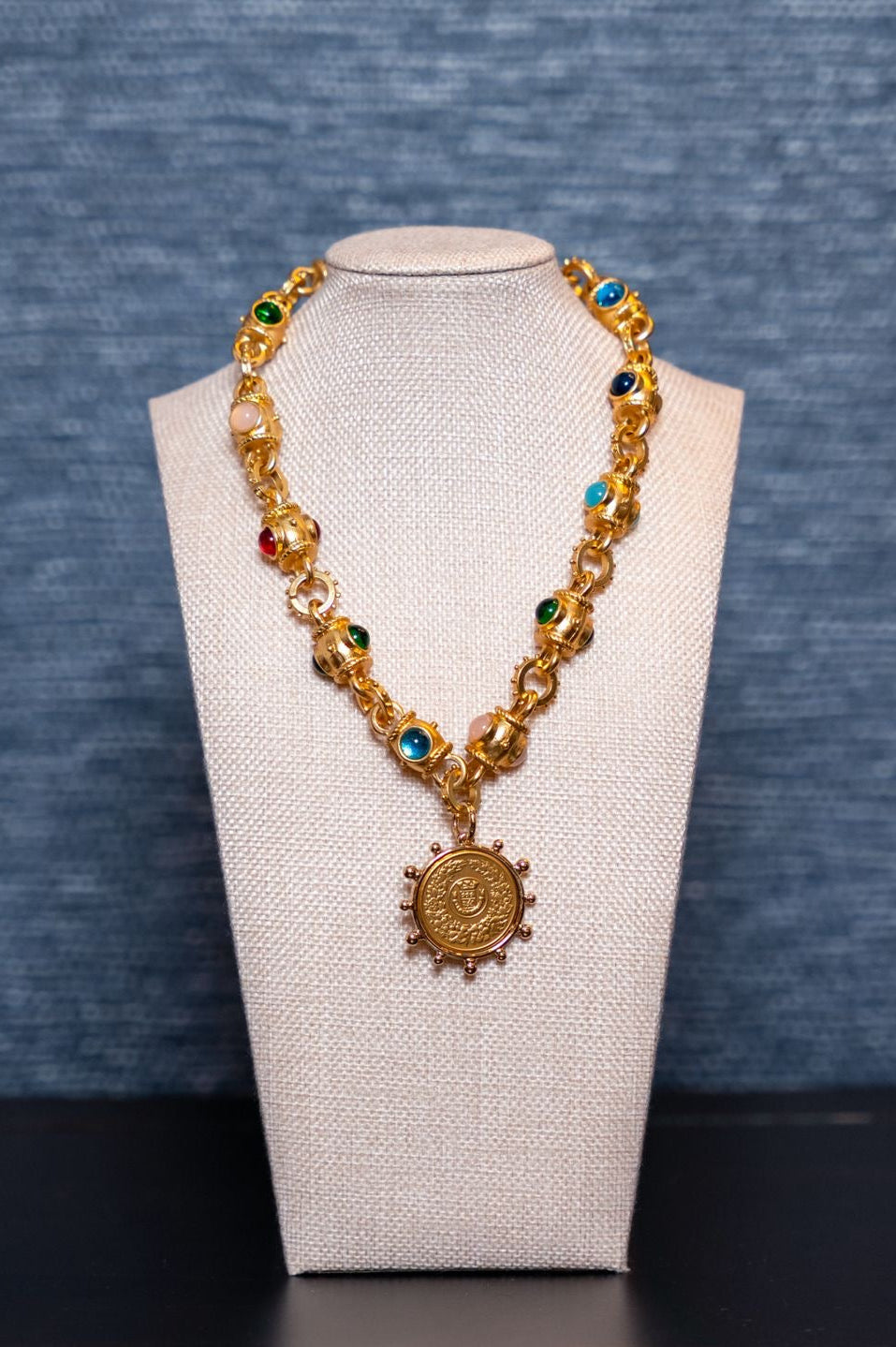 Multicolor Gem & Coin Medallion Necklace