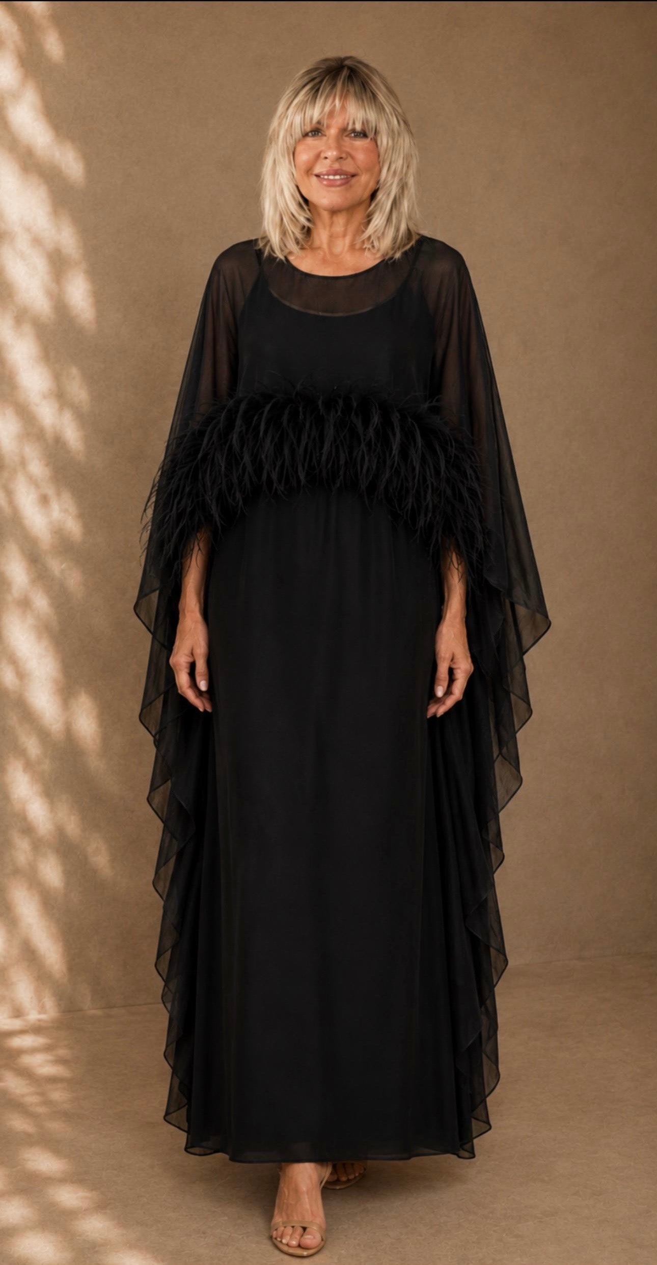 Celeste Silk Feather Cape Gown