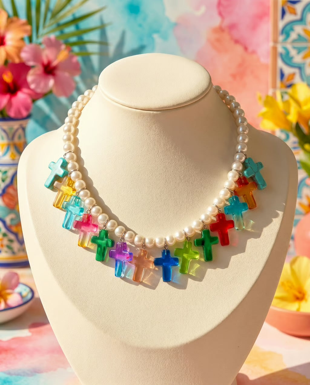 Rainbow Cross Pearl Necklace