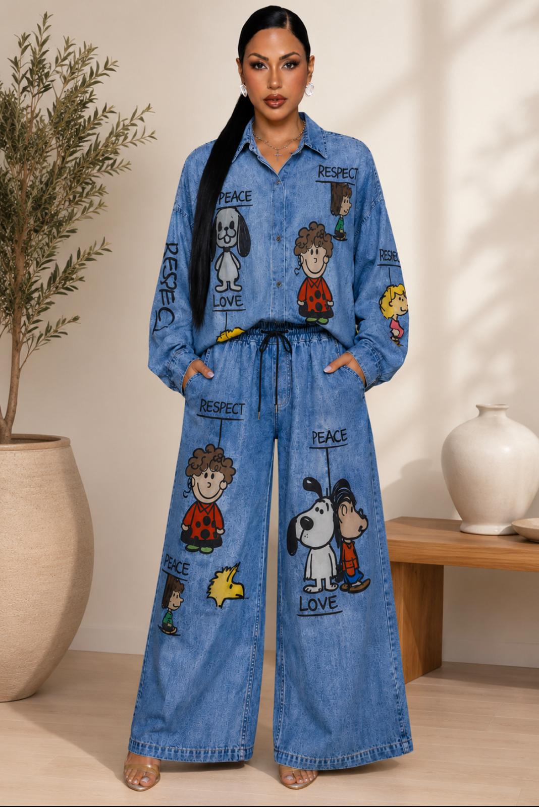 Snoopy “Perfect Day” Denim Shirt & Wide-Leg Pant Set