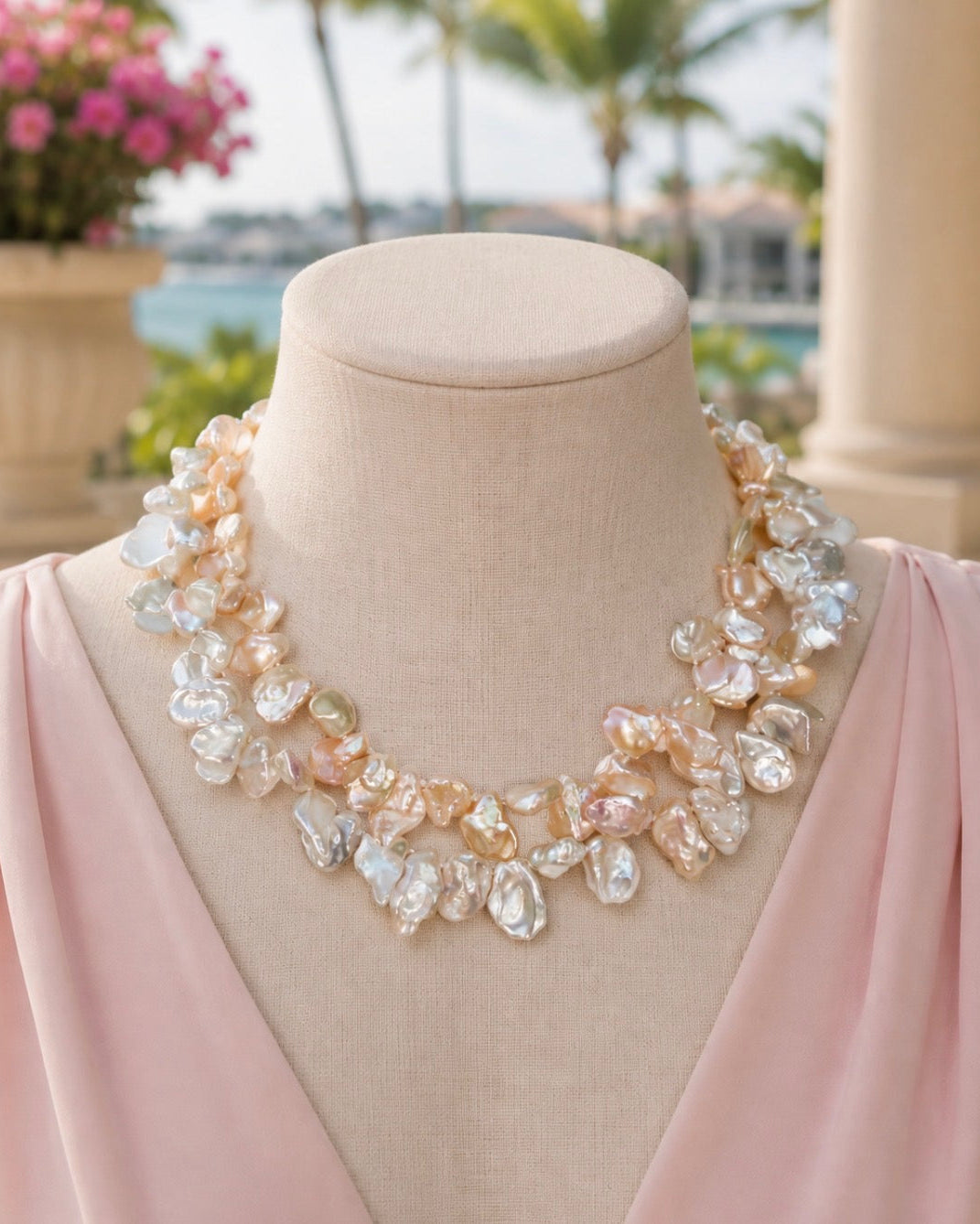 A statement collar necklace made of irregular, iridescent baroque pearls in soft pink, peach, and white tones, displayed on a beige mannequin bust wearing a light pink top, with a blurred tropical beach background.