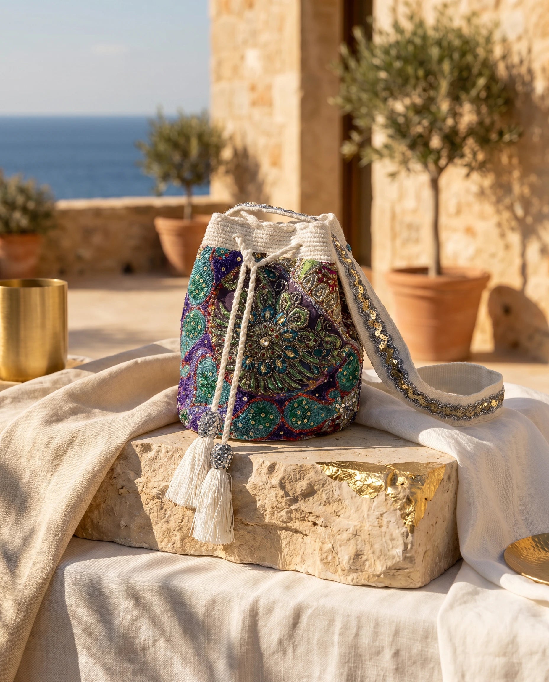 Embroided Bucket Bag-White/Blue Background