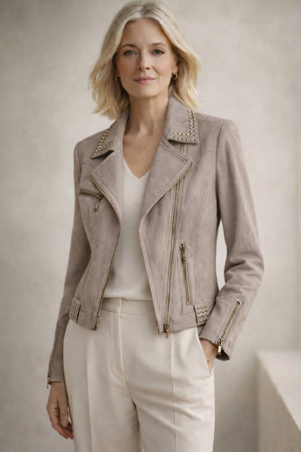 Taupe Studded Moto Jacket