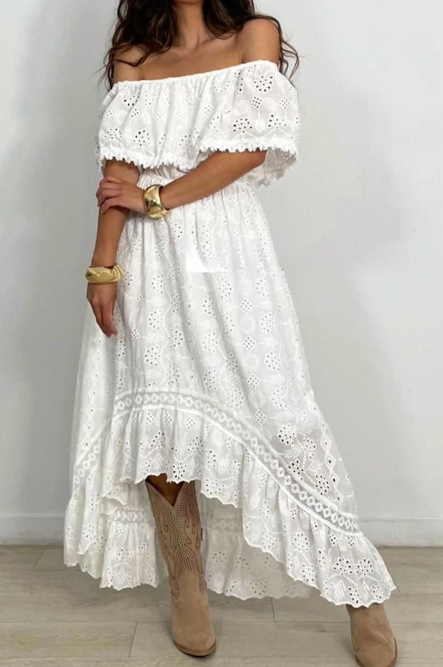 Off-Shoulder Eyelet Maxi Dress