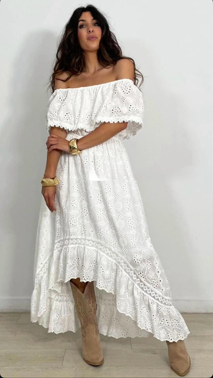 Off-Shoulder Eyelet Maxi Dress