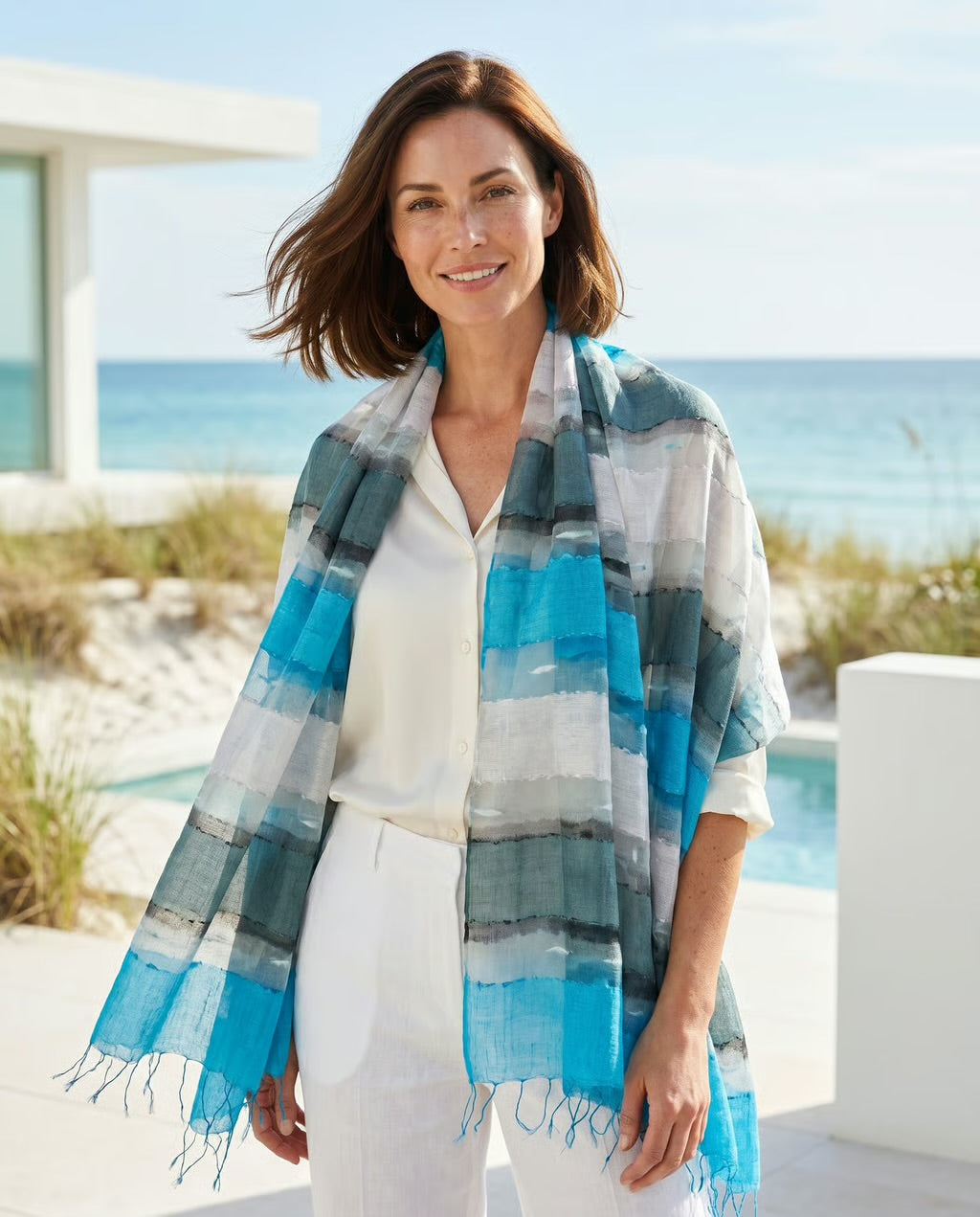 Mediterranean Tides Hand-Painted Scarf