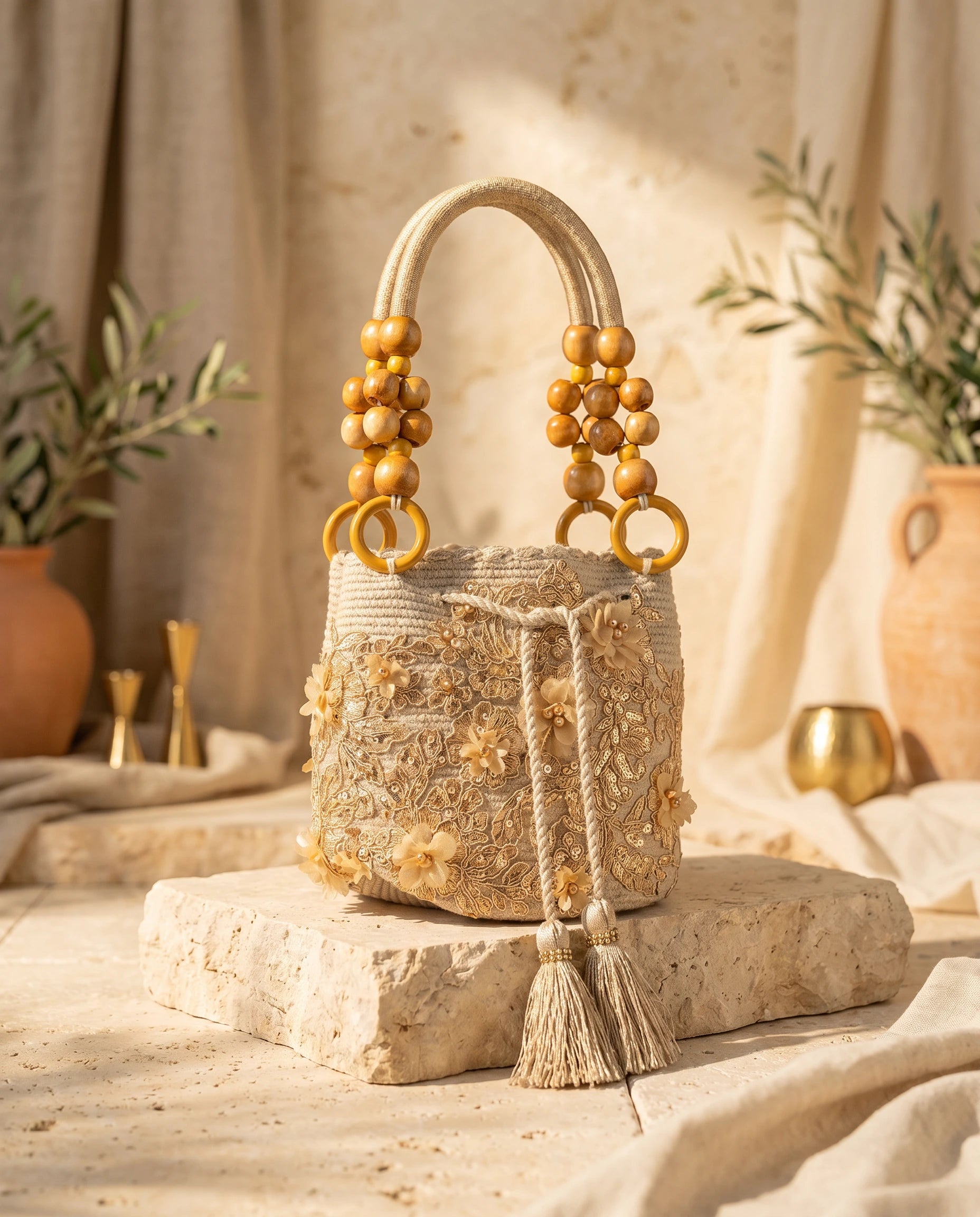 Golden Bloom Beaded Bucket Bag