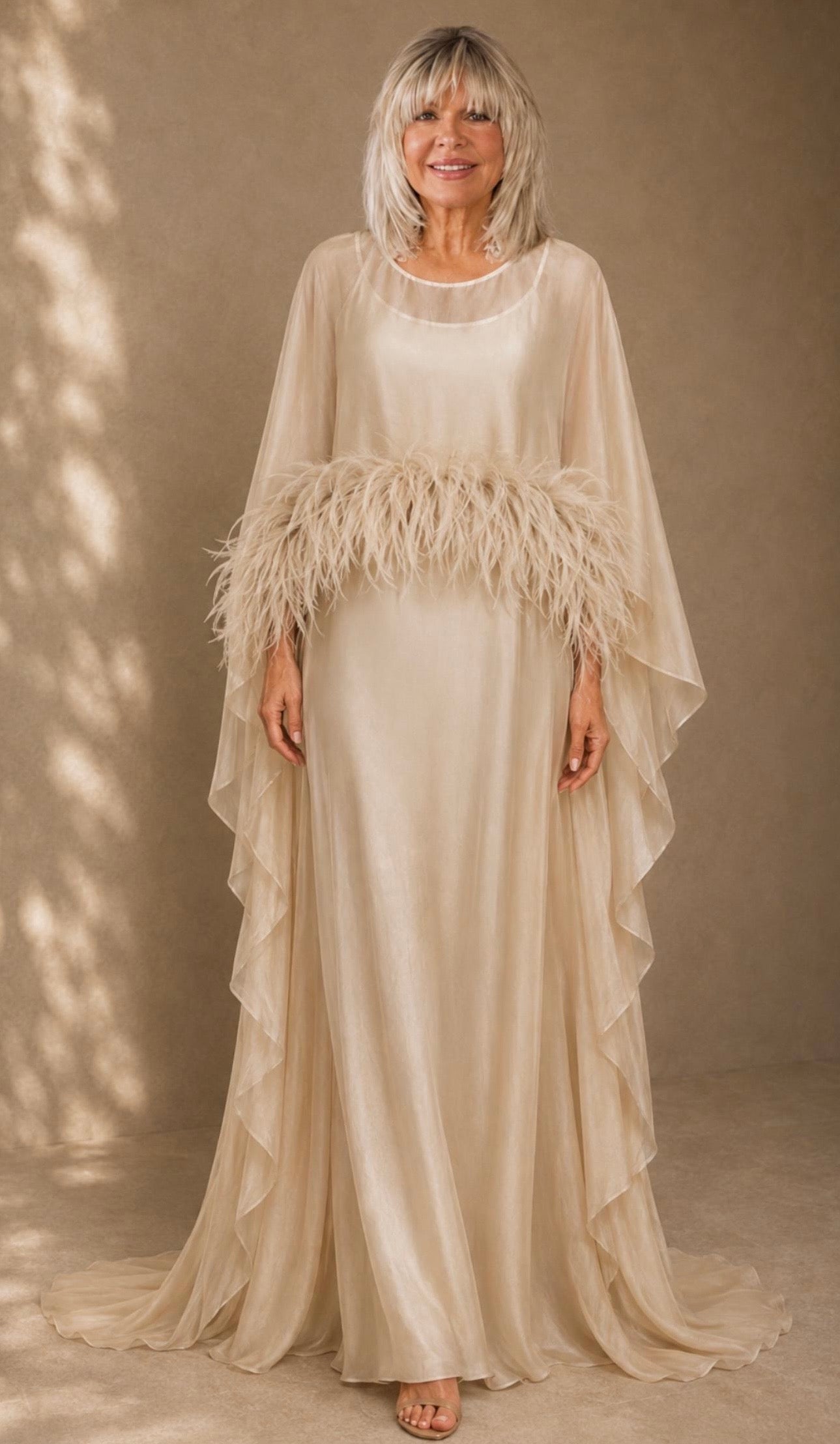 Celeste Silk Feather Cape Gown