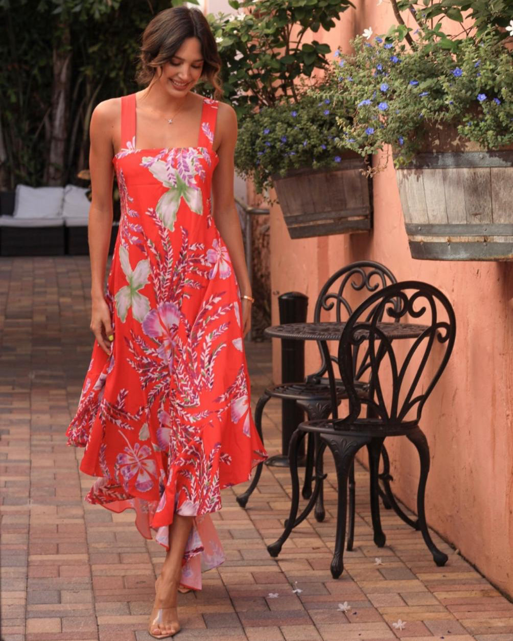 Red Floral Ruffle Maxi Dress
