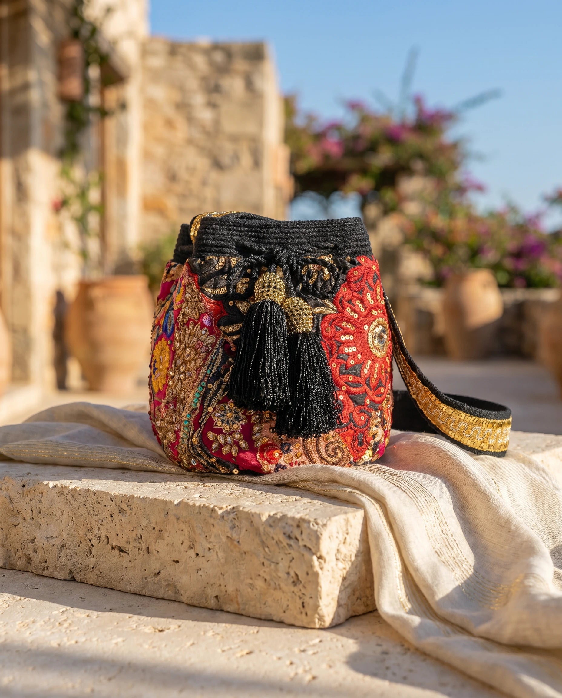 Embroided Bucket Bag-Black Background