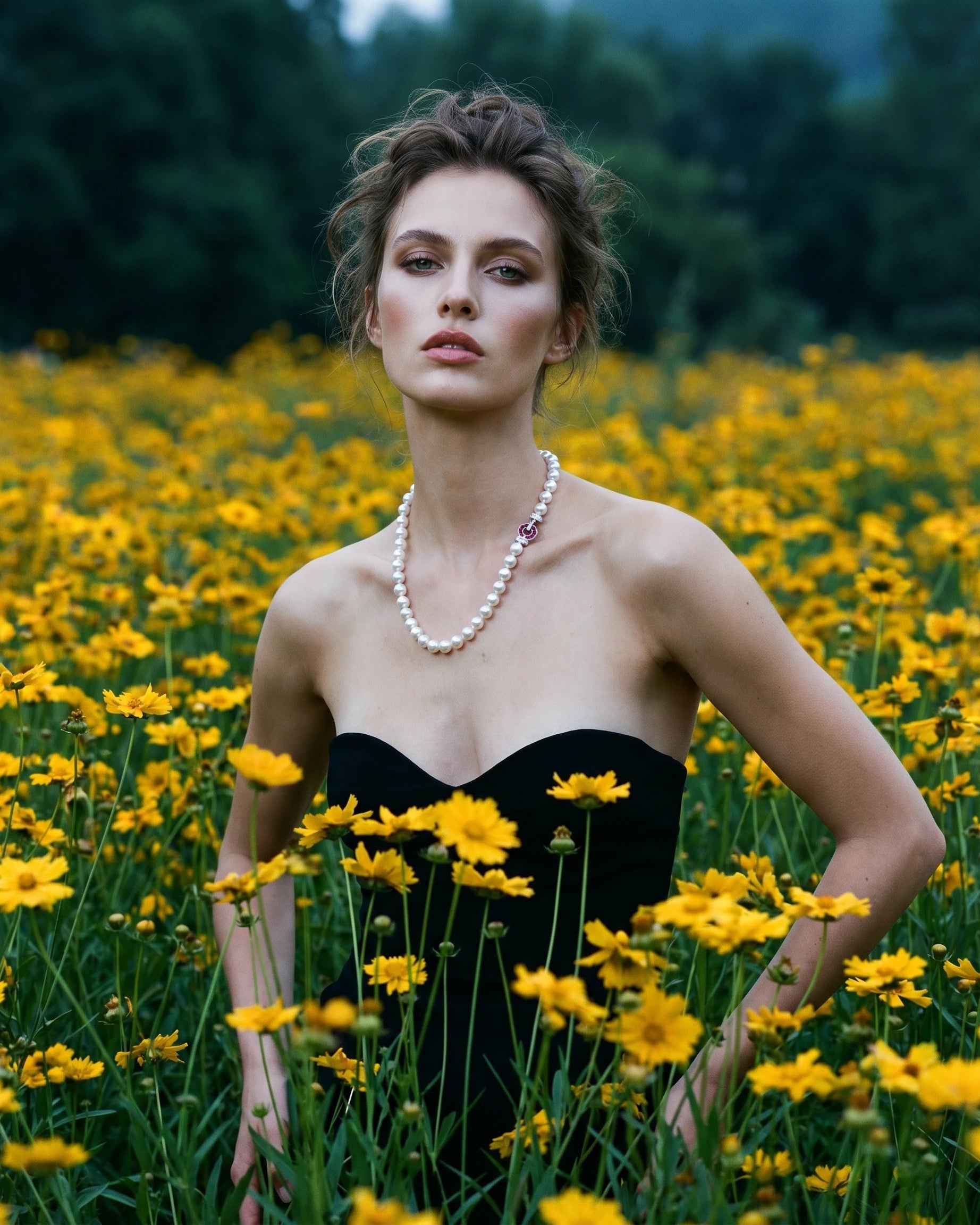 Woman in a black dress standing in a field of yellow flowers