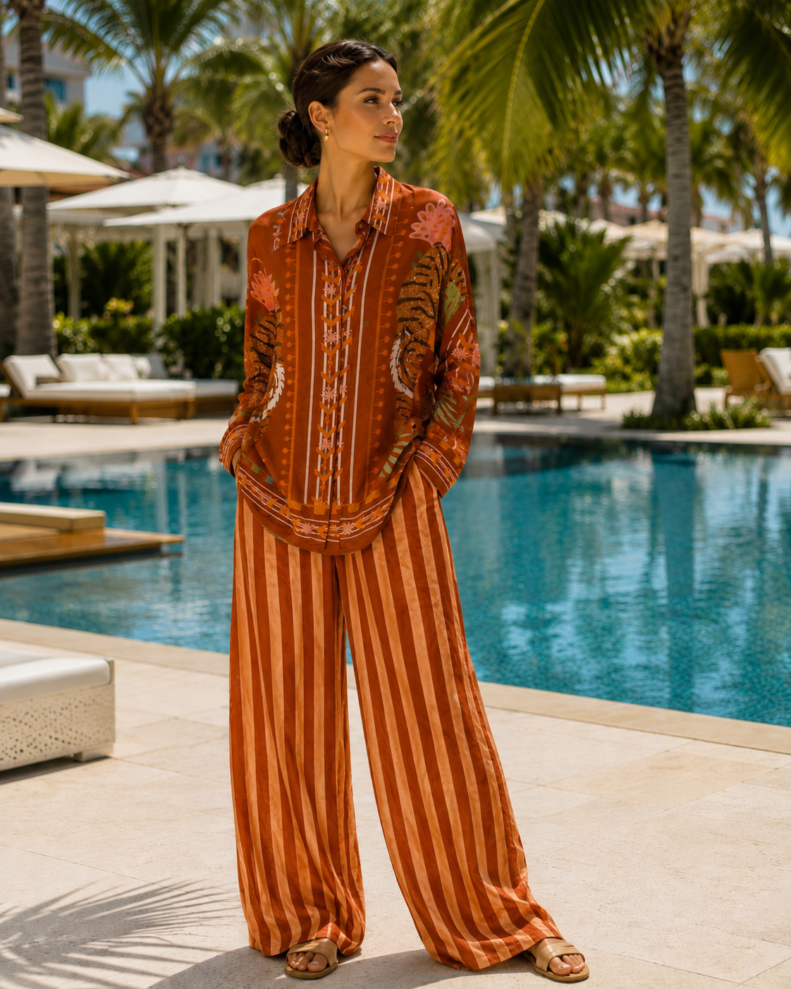 A woman stands by a resort pool wearing a matching rust-orange striped and paisley lounge set with wide-leg pants and a long-sleeve button-front top.