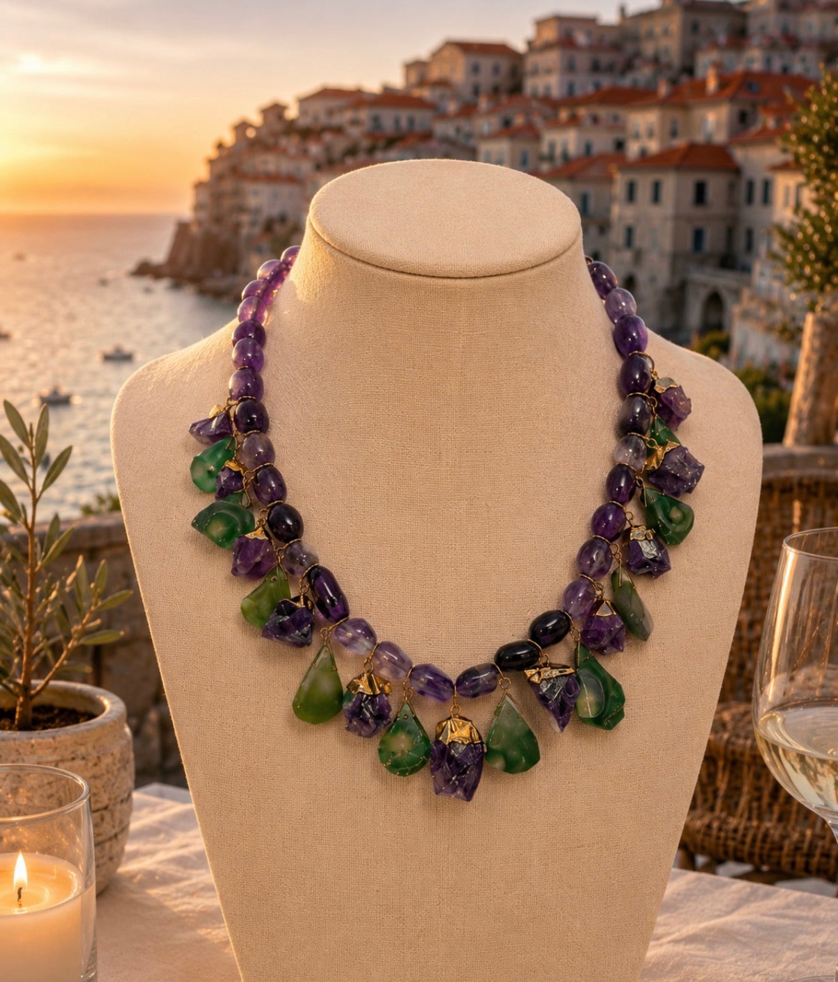 A statement necklace made of purple and green gemstone beads with small gold accents, displayed on a beige fabric mannequin bust. The background shows a scenic coastal town at sunset with the sea and buildings.