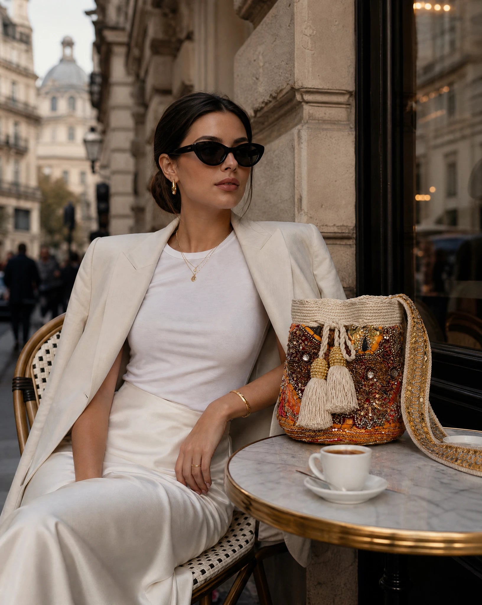 Embroided Bucket Bag- Beige Background