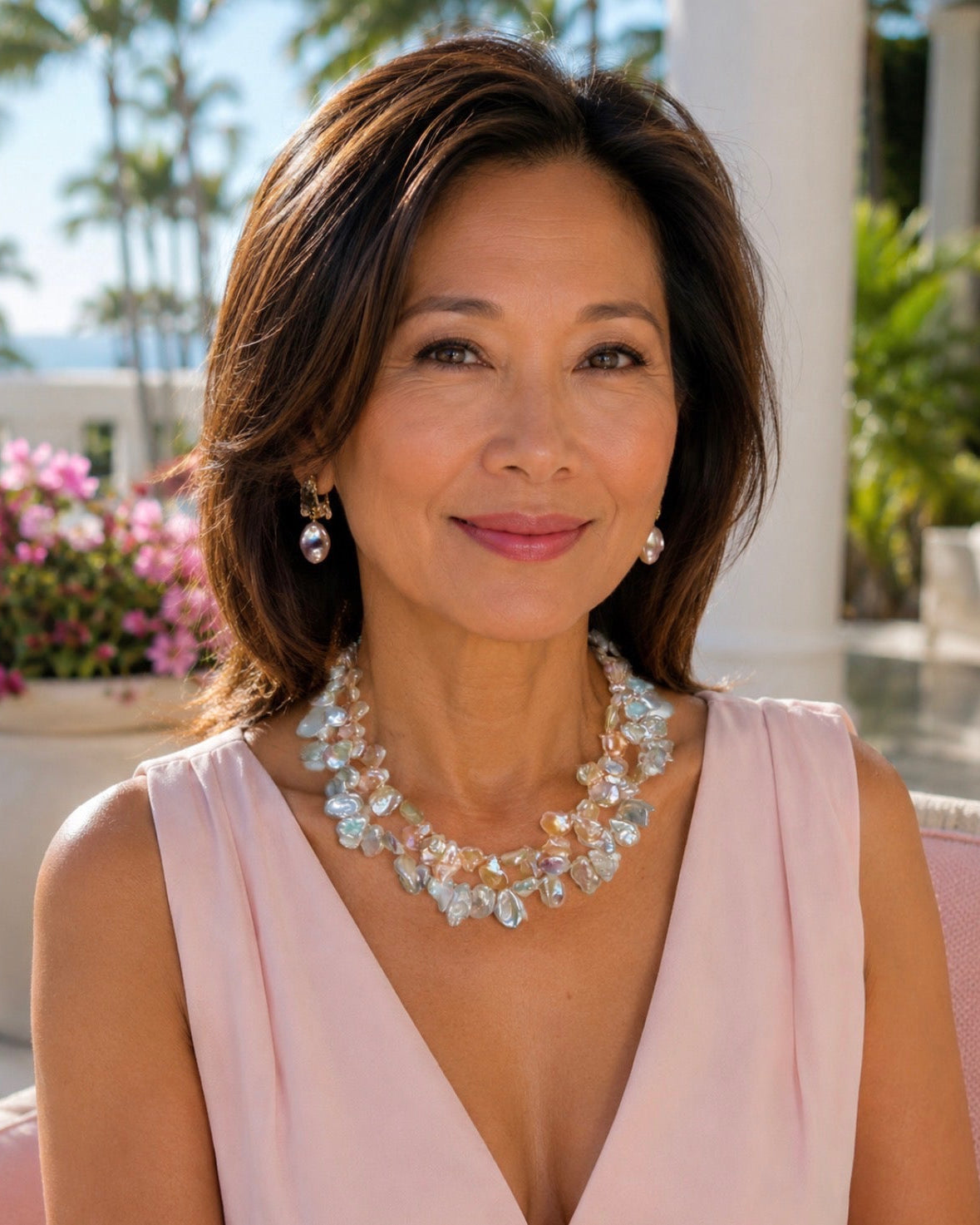 A woman with brown hair wearing a light pink sleeveless top and a chunky light blue and white beaded statement necklace, photographed outdoors with palm trees and flowers in the background.